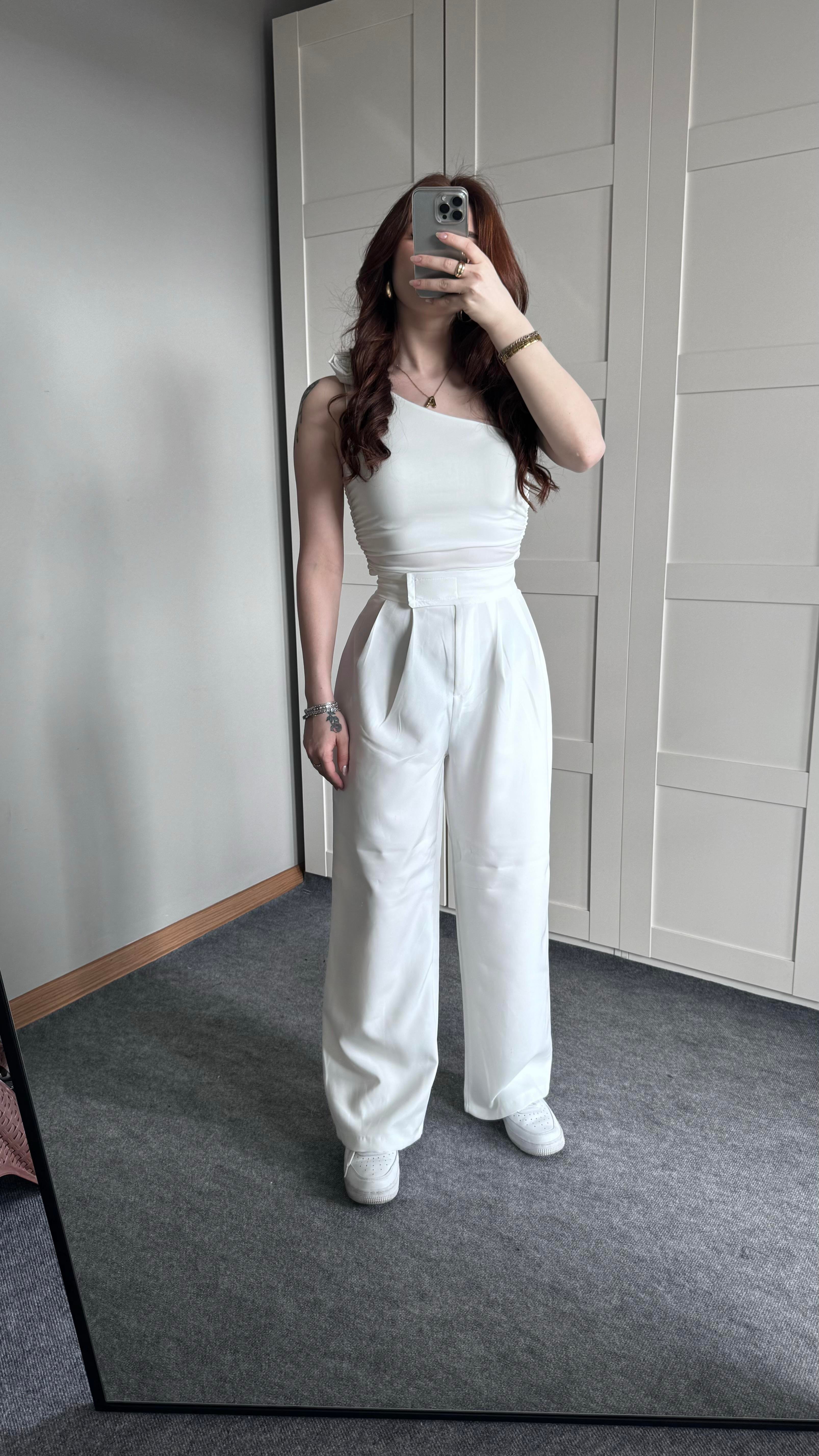 Cırtcırtlı Plazzo Pantolon Beyaz 