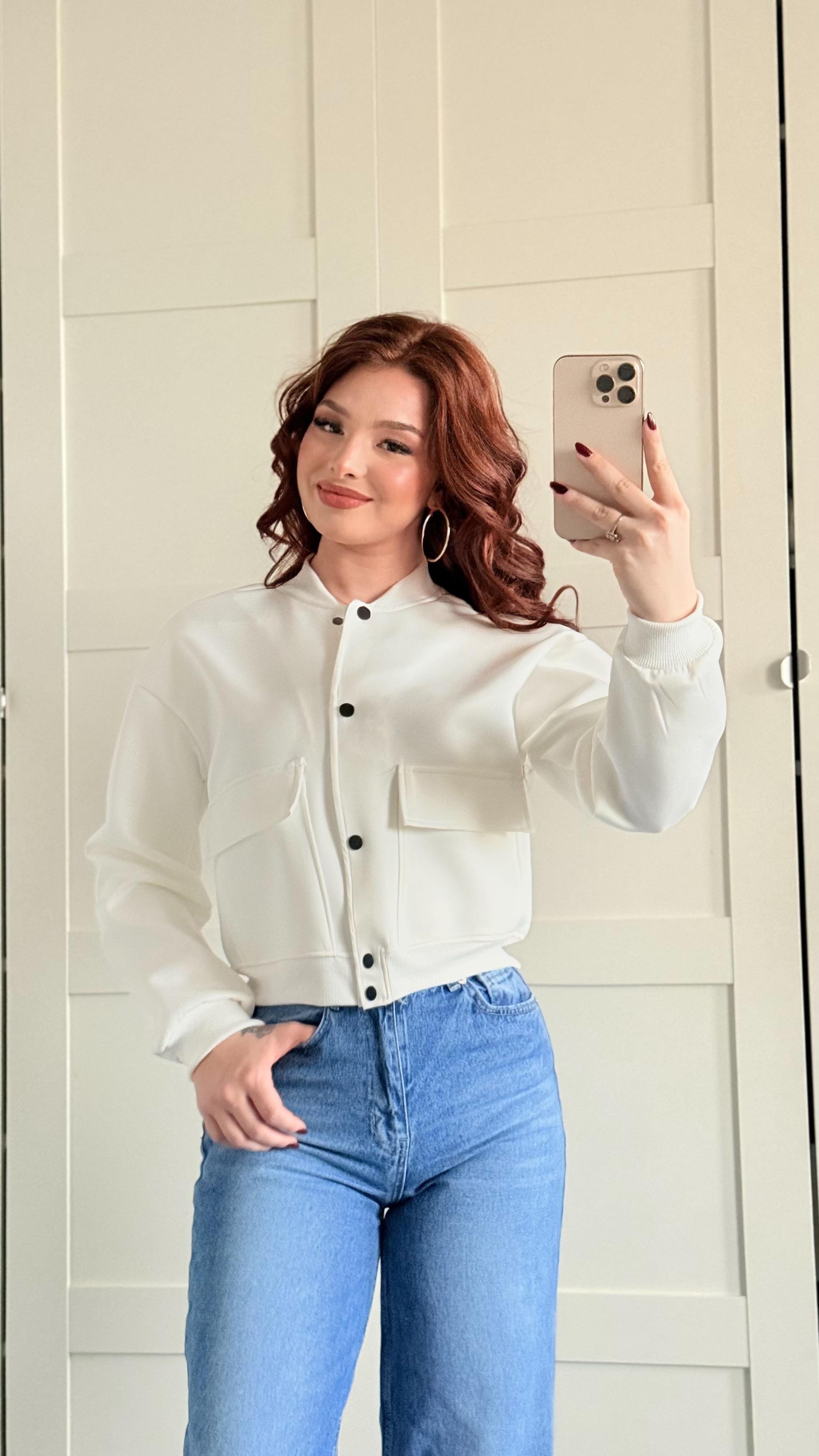 Çıtçıtlı Cepli Ceket Beyaz