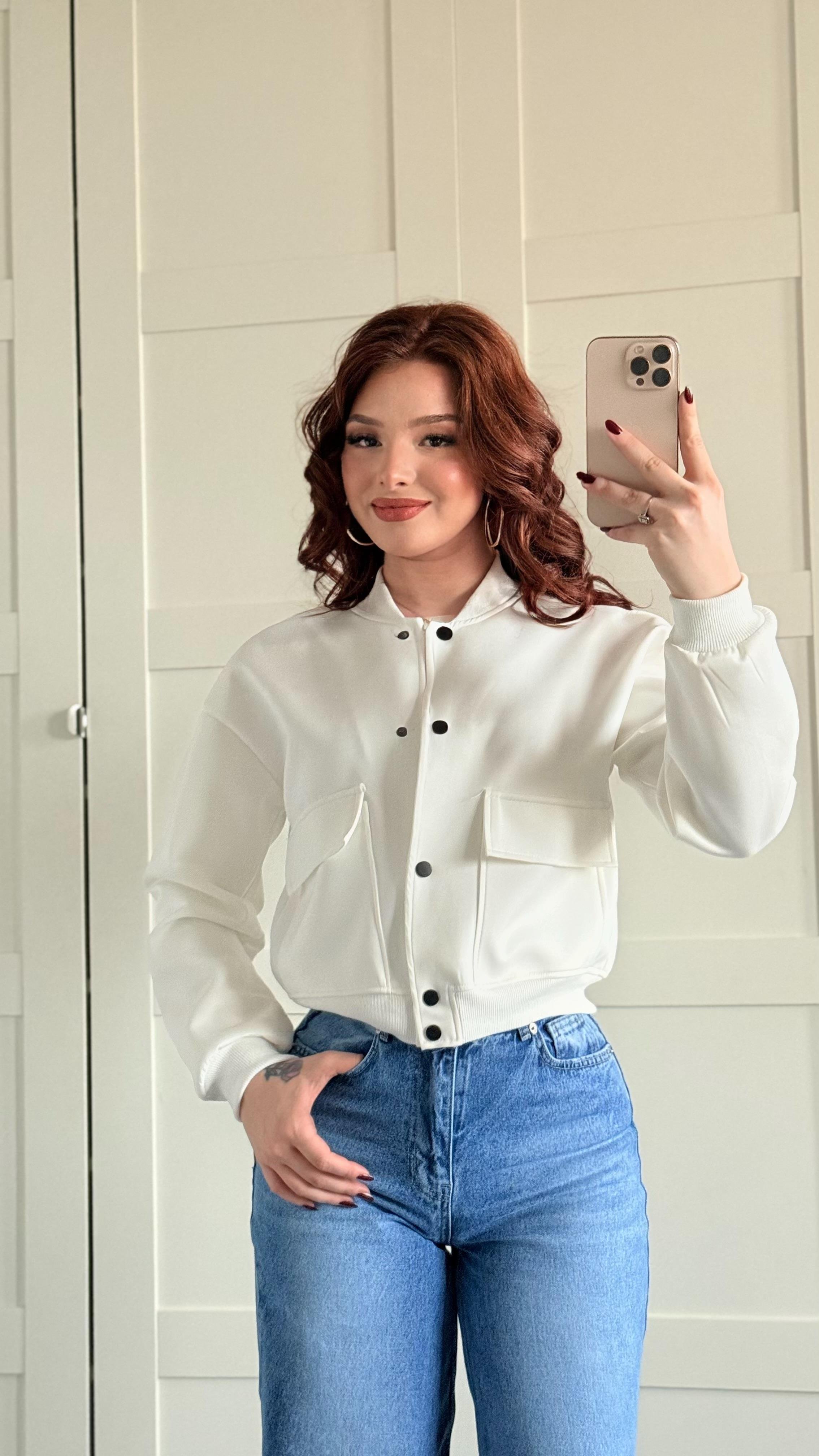 Çıtçıtlı Cepli Ceket Beyaz