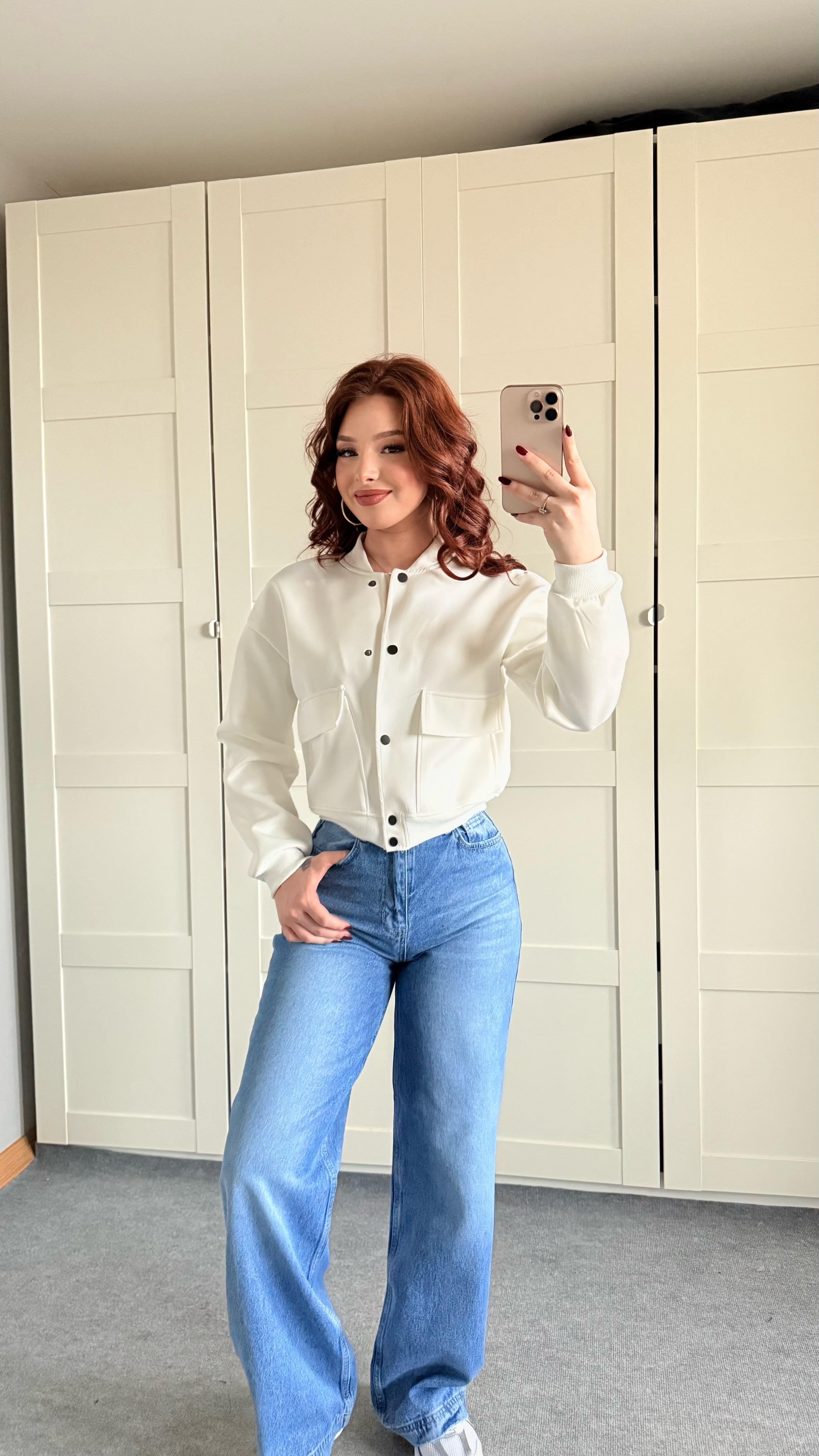 Çıtçıtlı Cepli Ceket Beyaz