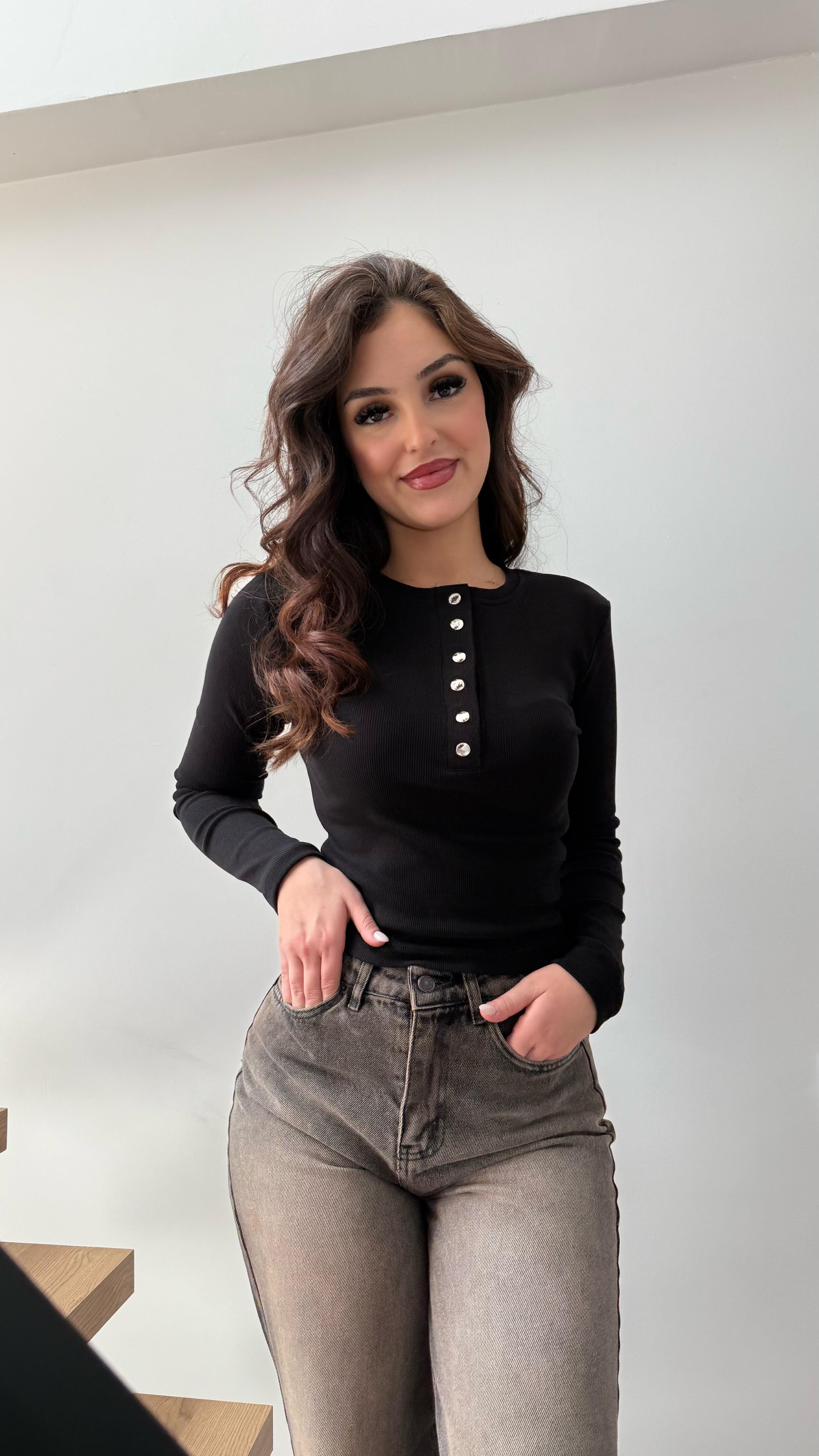 Çıtçıtlı Fitilli Bluz Siyah