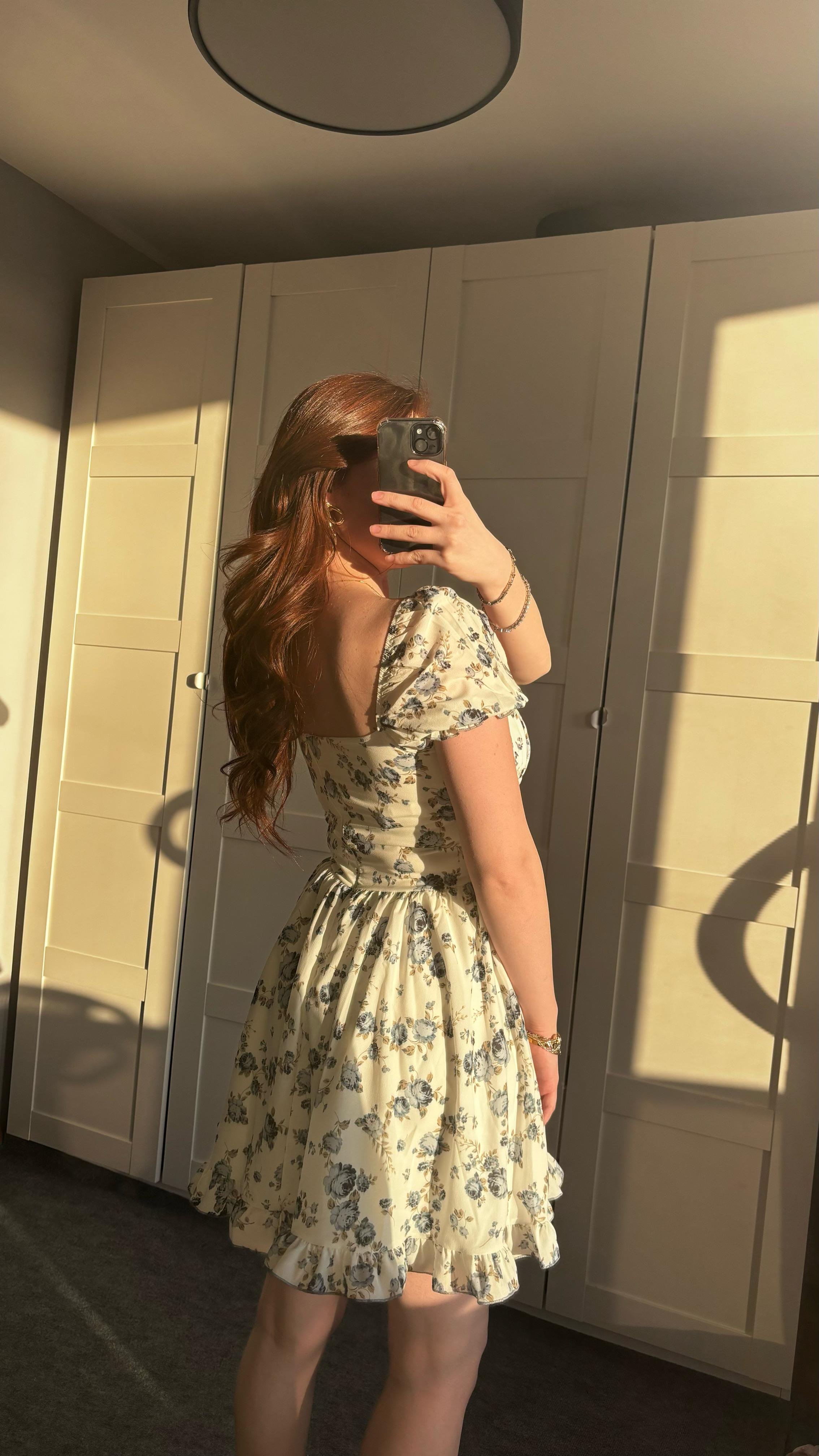 Çıtır Mini Kısa Kol Çiçekli Siyah Elbise