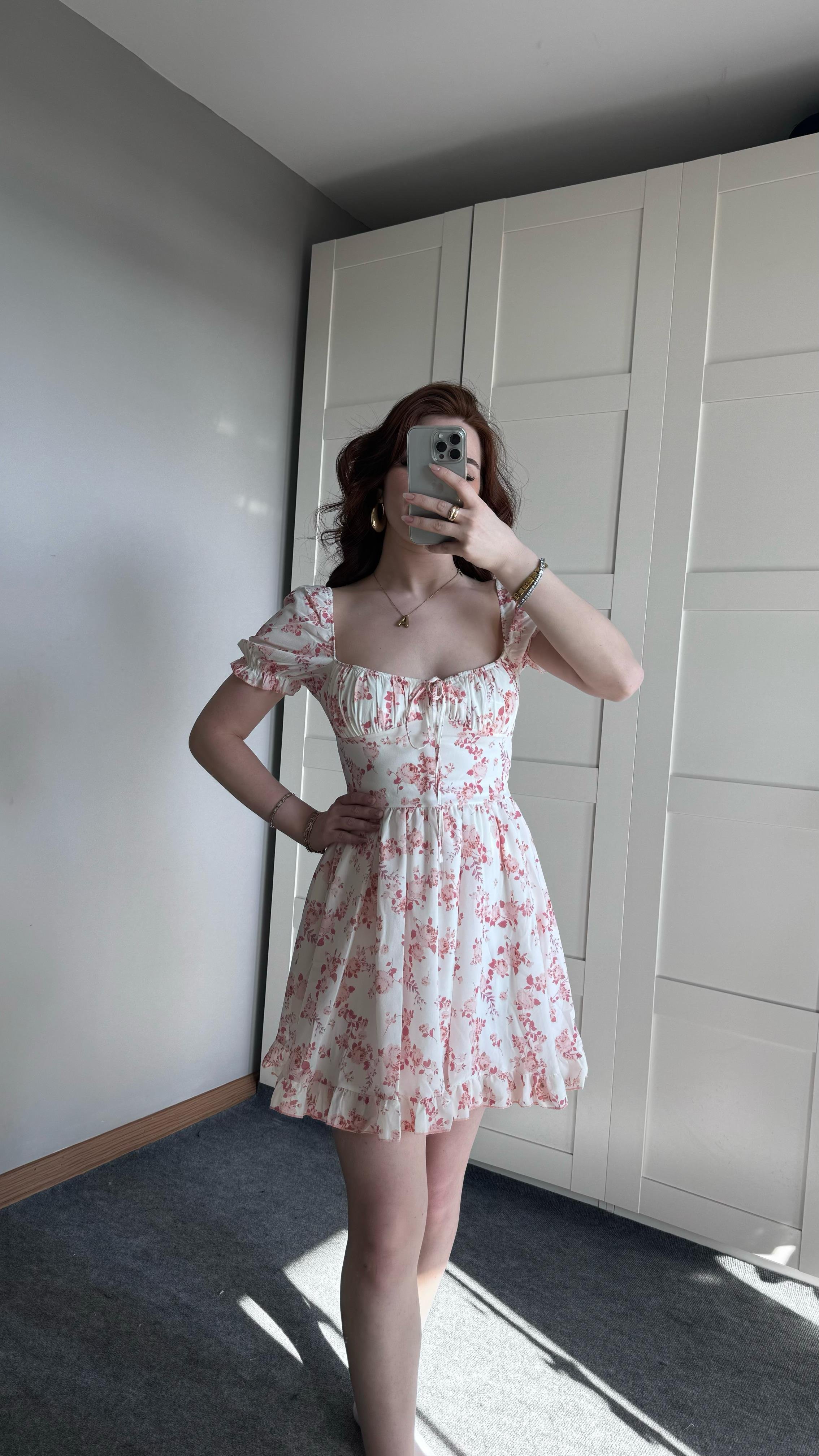 Çıtır Mini Kısa Kol Çiçekli Turuncu Elbise