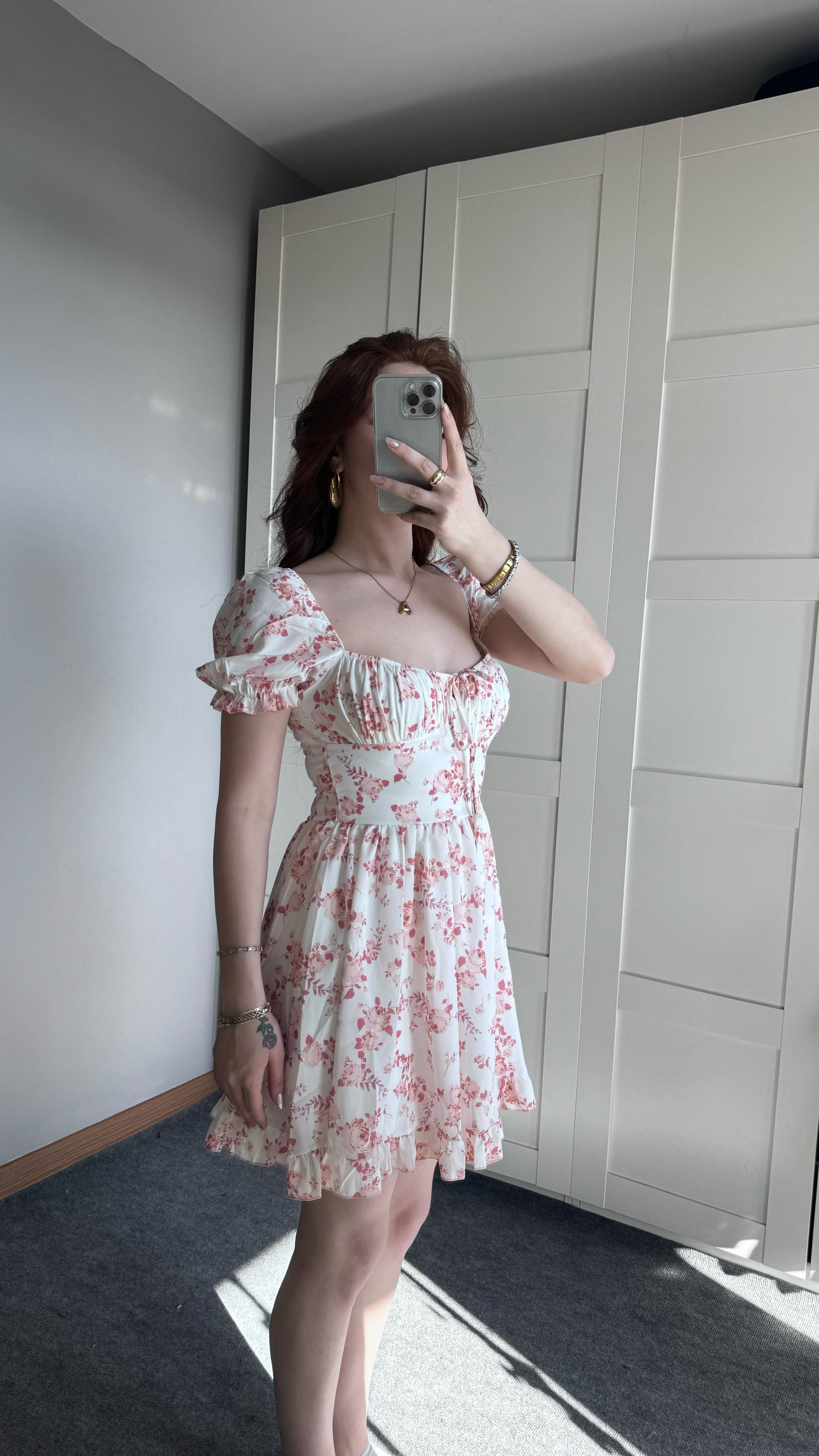 Çıtır Mini Kısa Kol Çiçekli Turuncu Elbise
