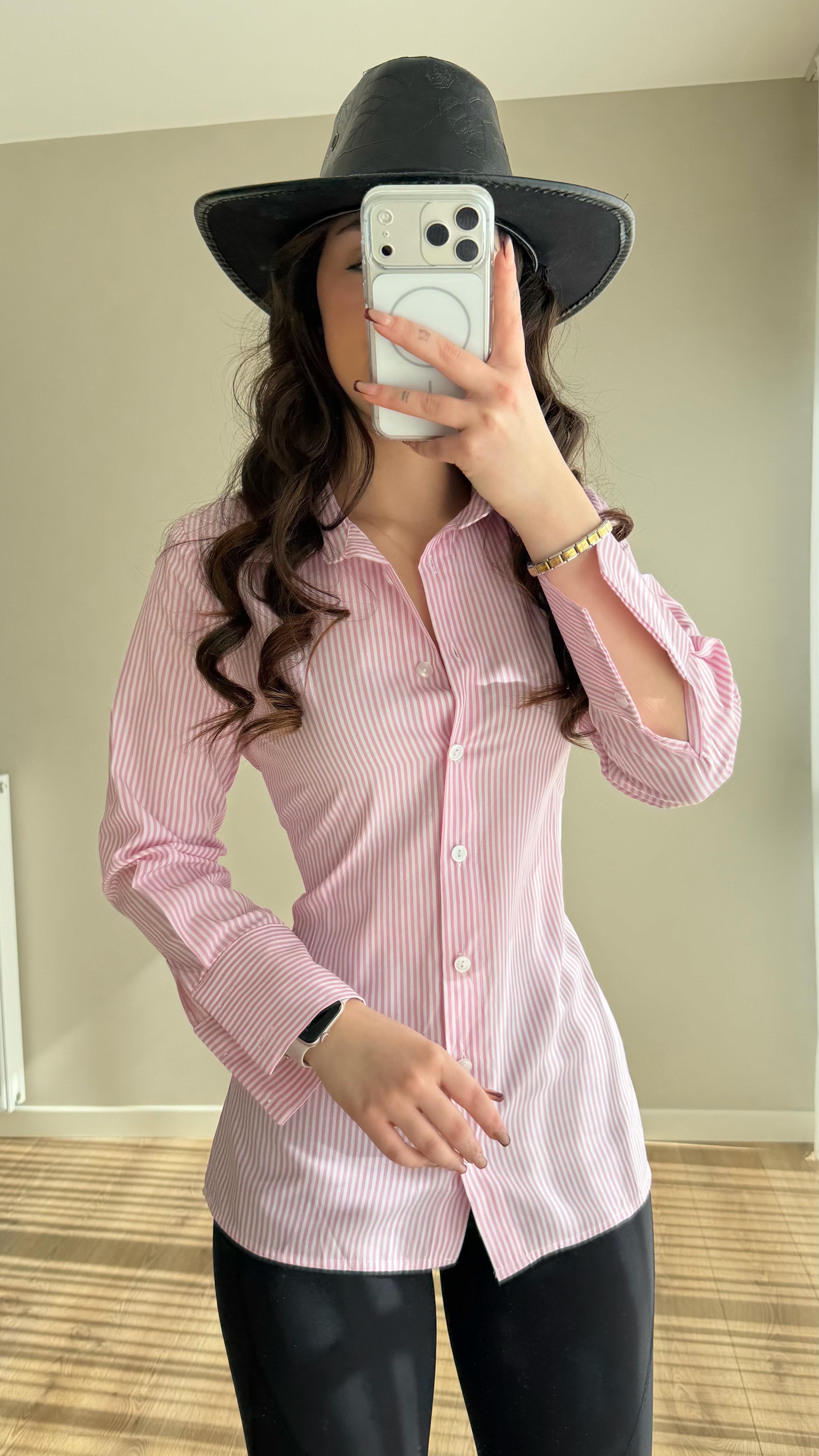Çizgili Bel Detaylı Gömlek Pembe