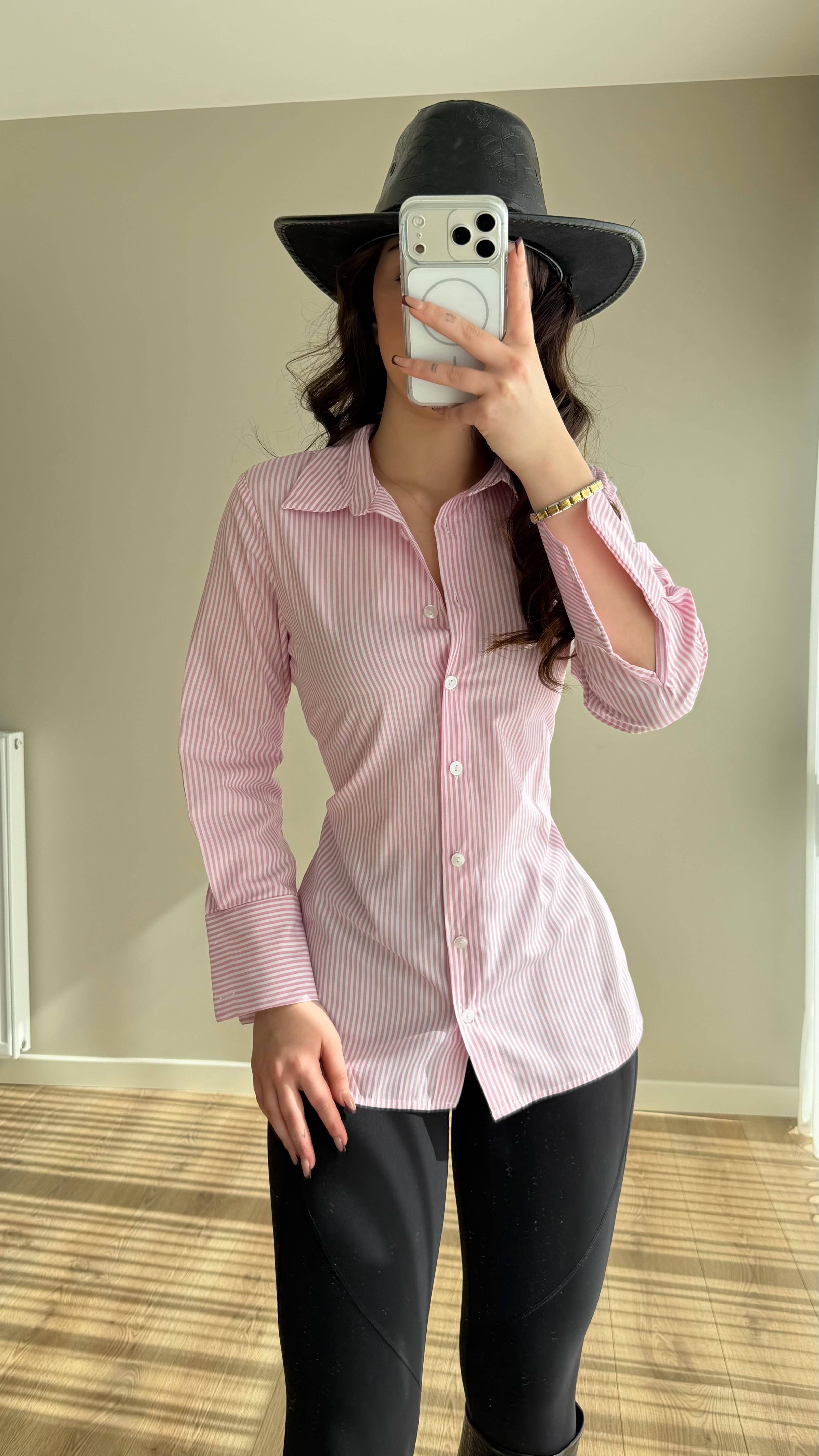 Çizgili Bel Detaylı Gömlek Pembe