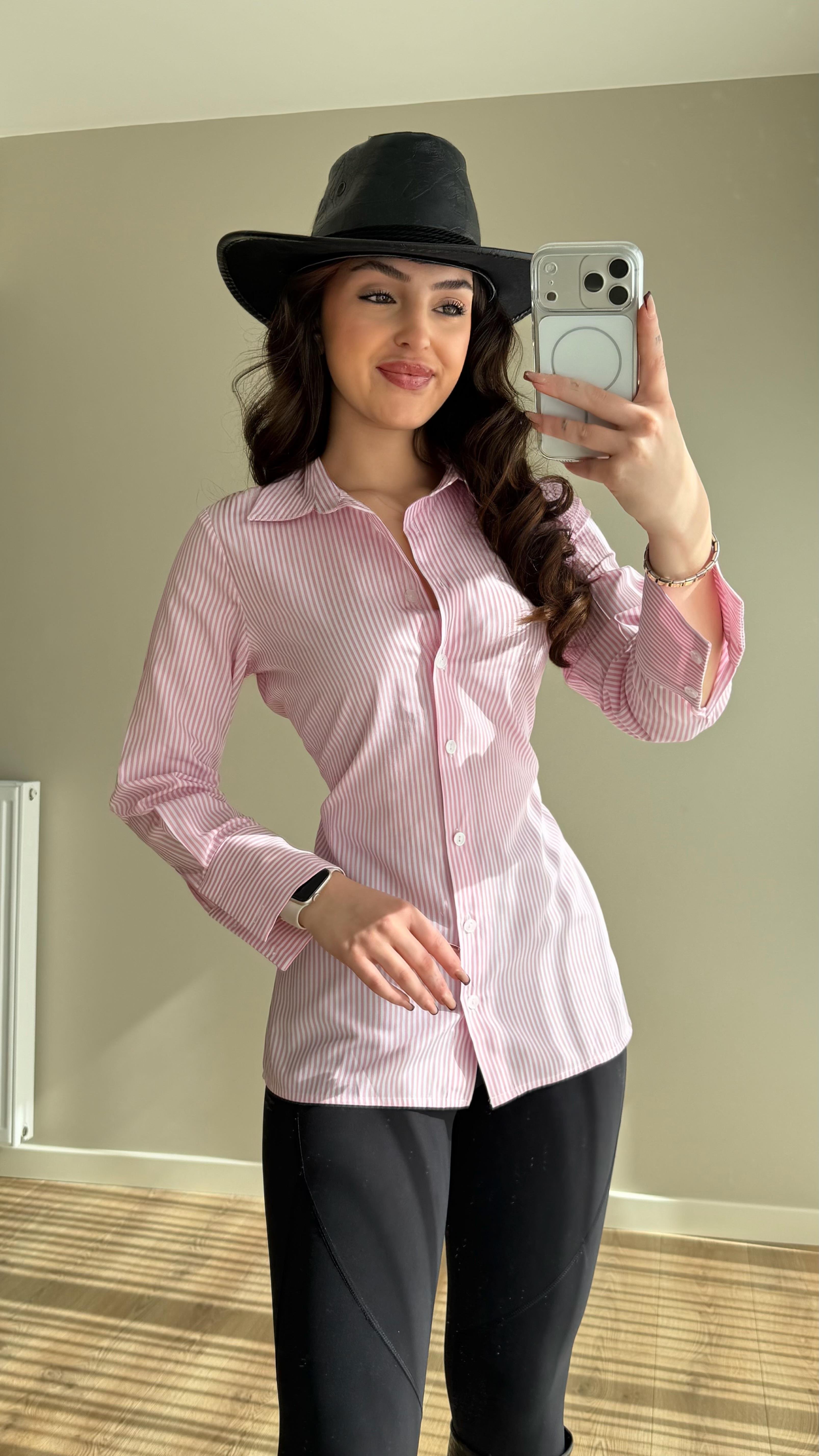 Çizgili Bel Detaylı Gömlek Pembe
