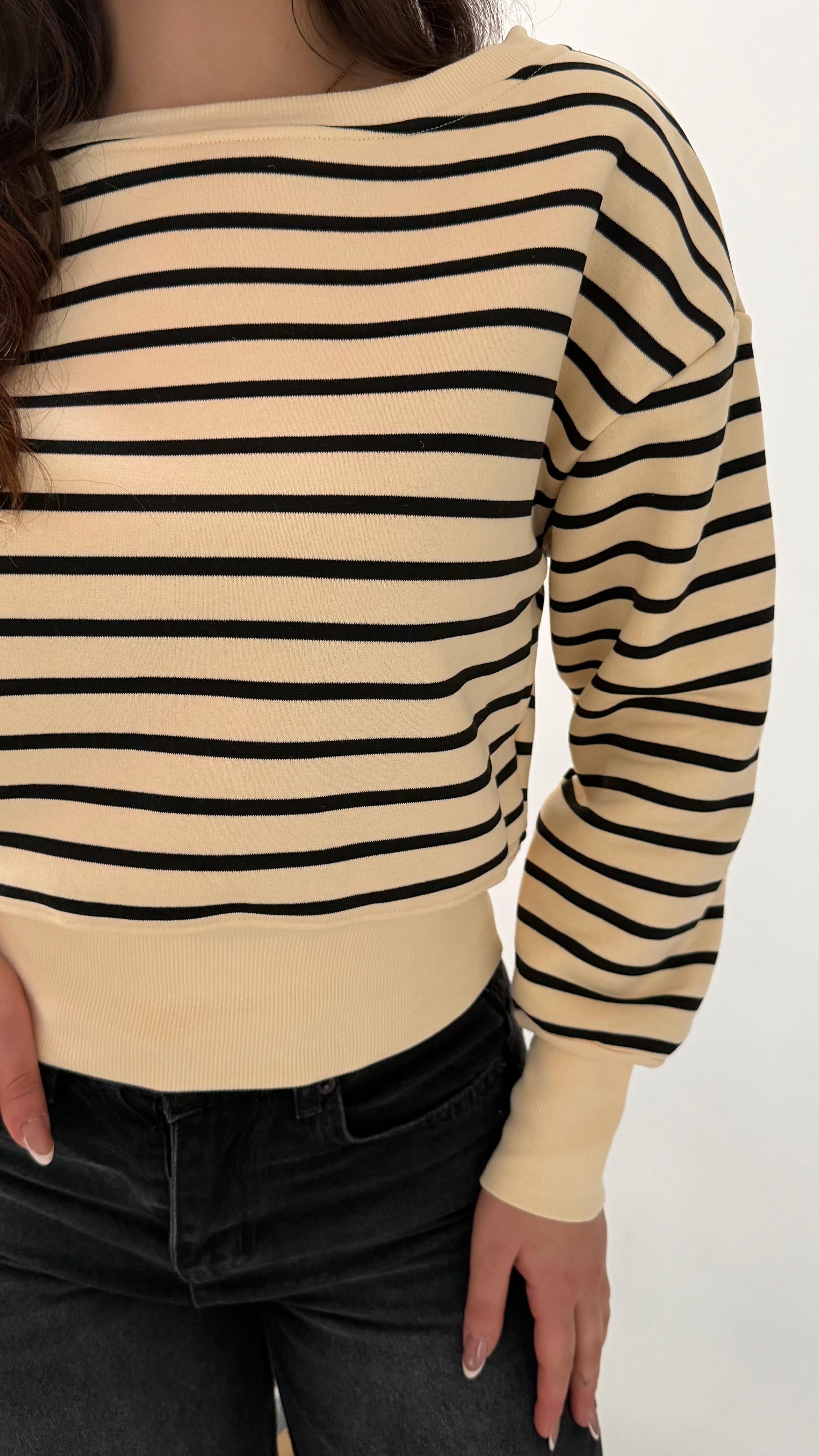 Çizgili Belden Oturmalı Sweat Bluz Siyah