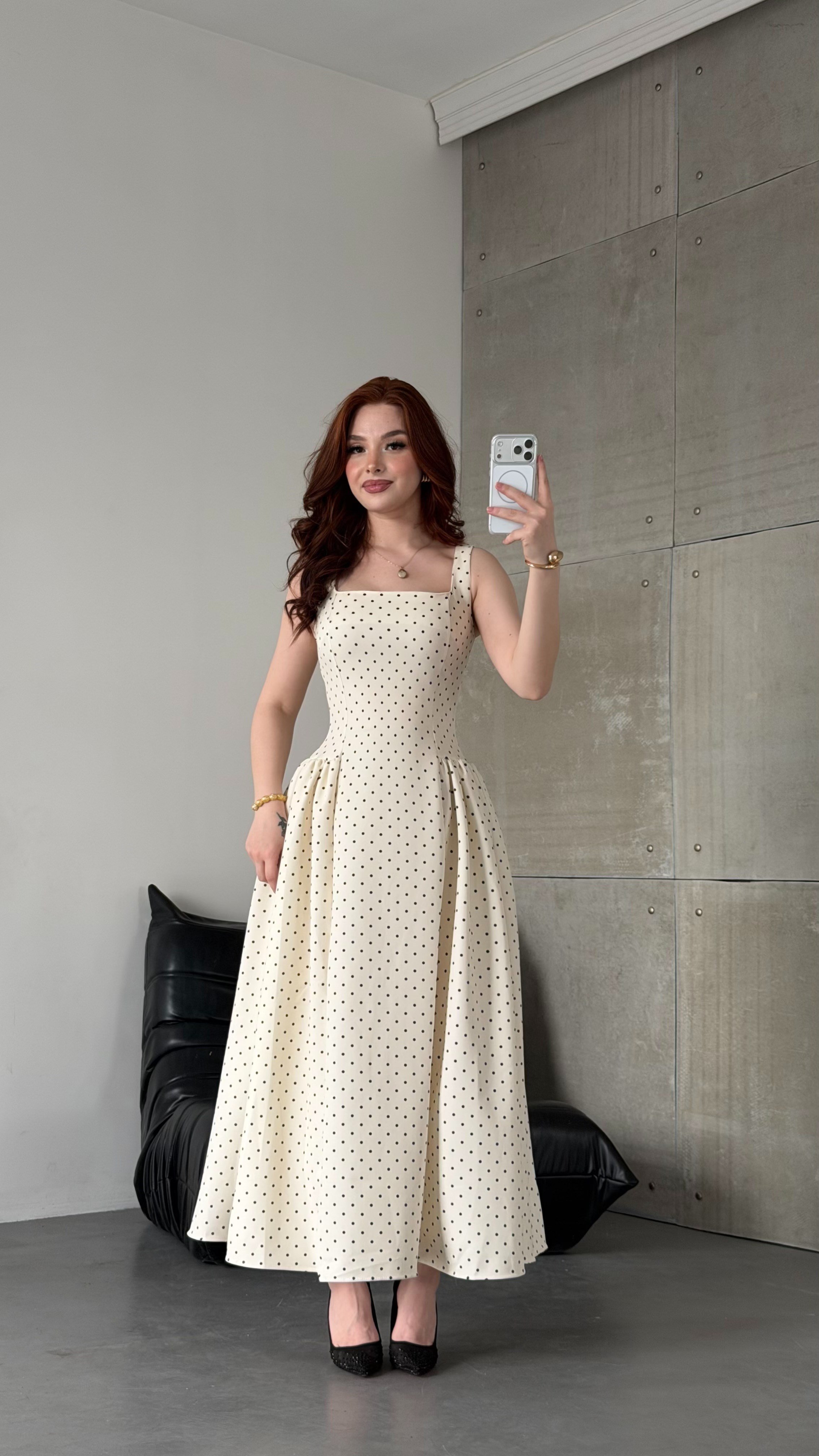 Coco Puantiye Elbise Krem