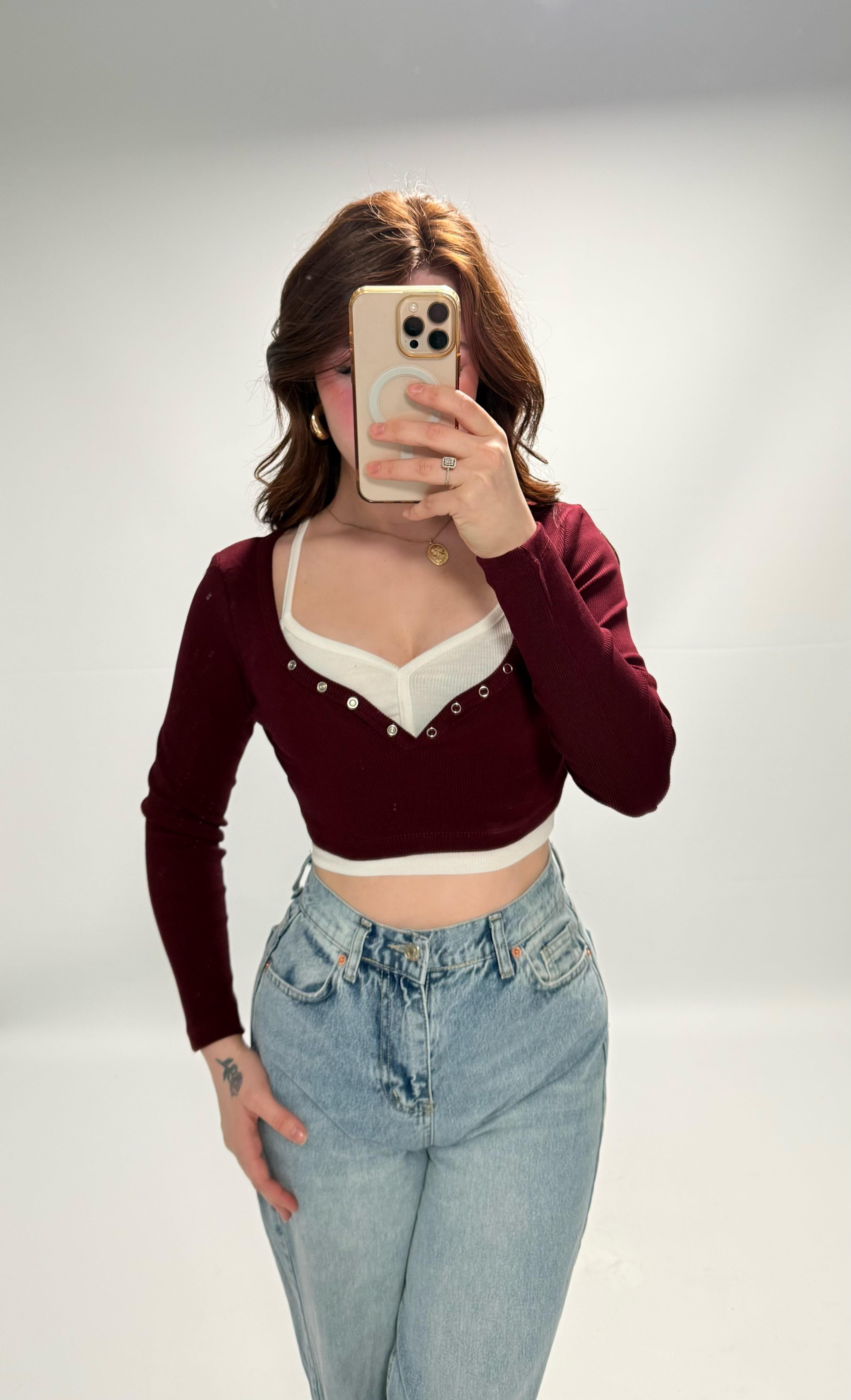 Combo Çıtçıtlı Crop Bordo