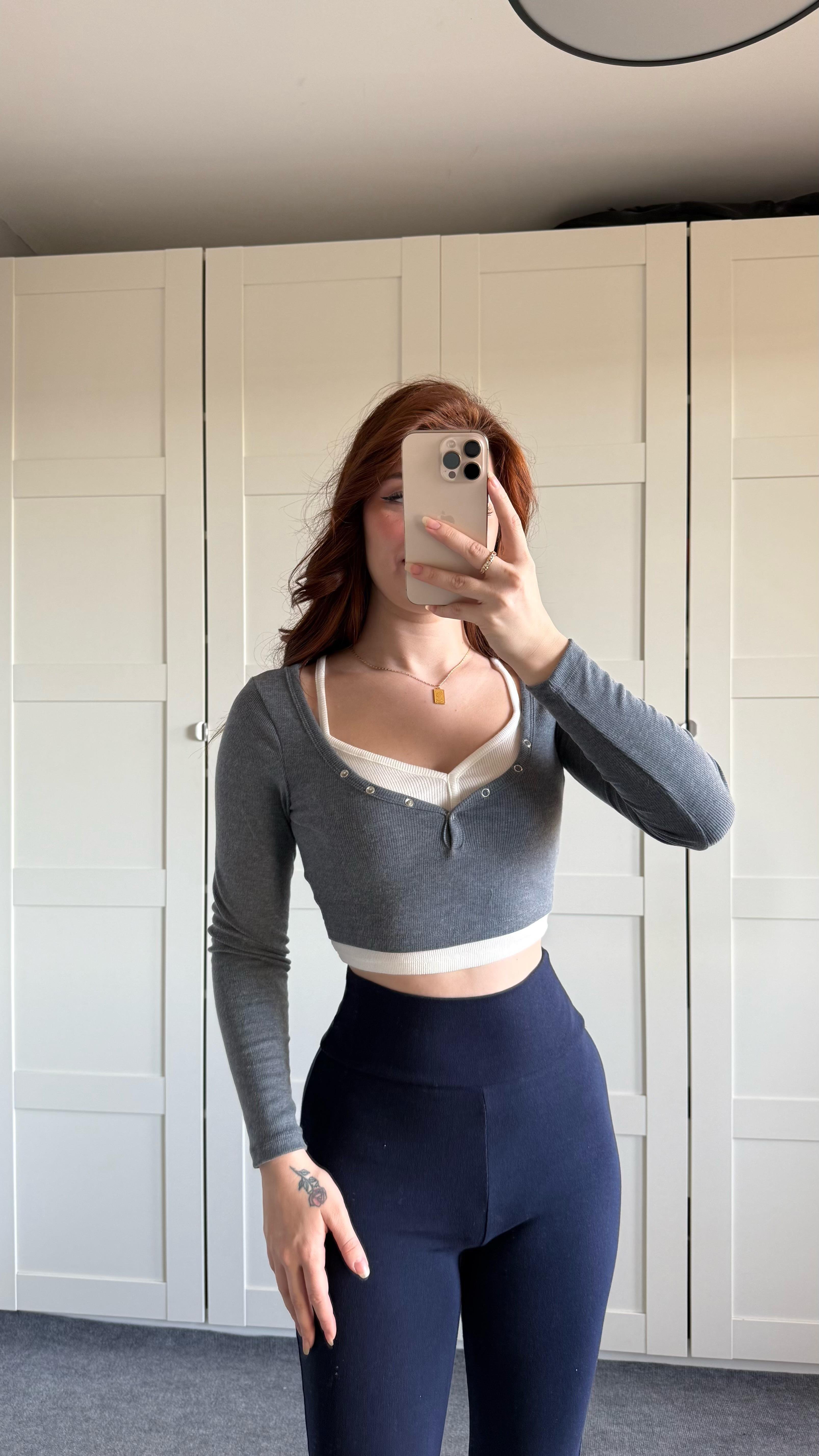 Combo Çıtçıtlı Crop Gri