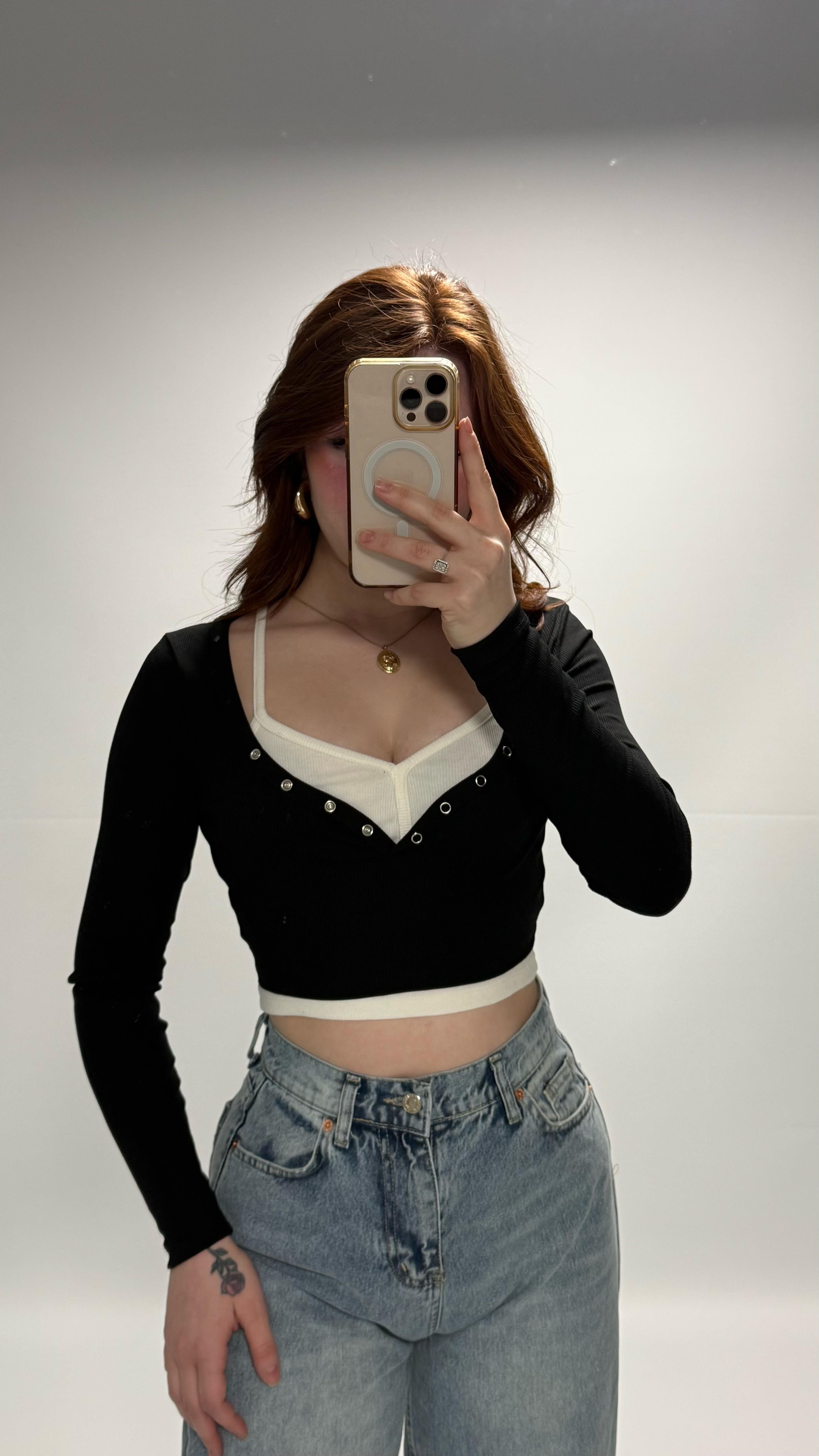 Combo Çıtçıtlı Crop Siyah