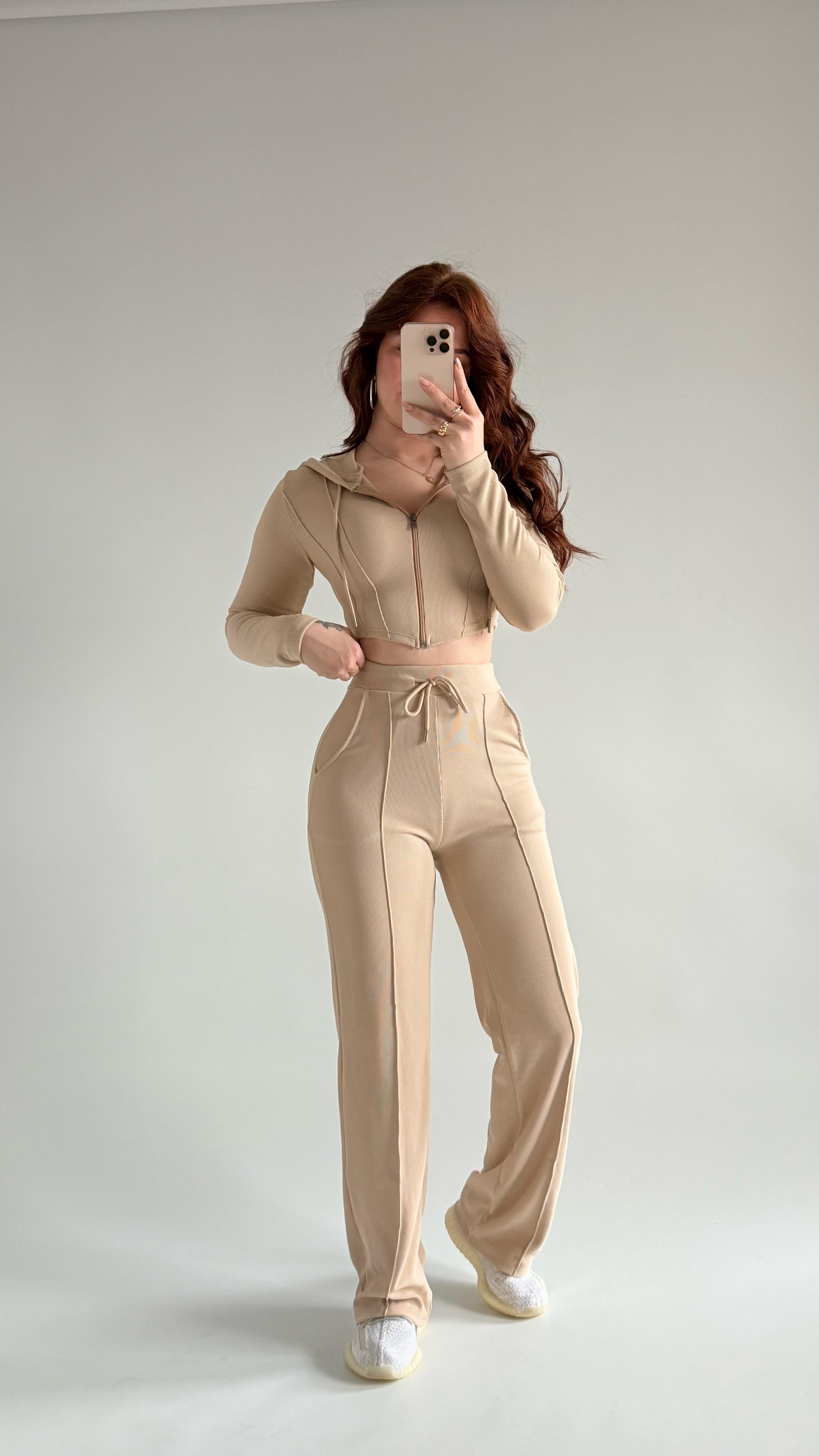 Crop Balenli Eşofman Takım Bej
