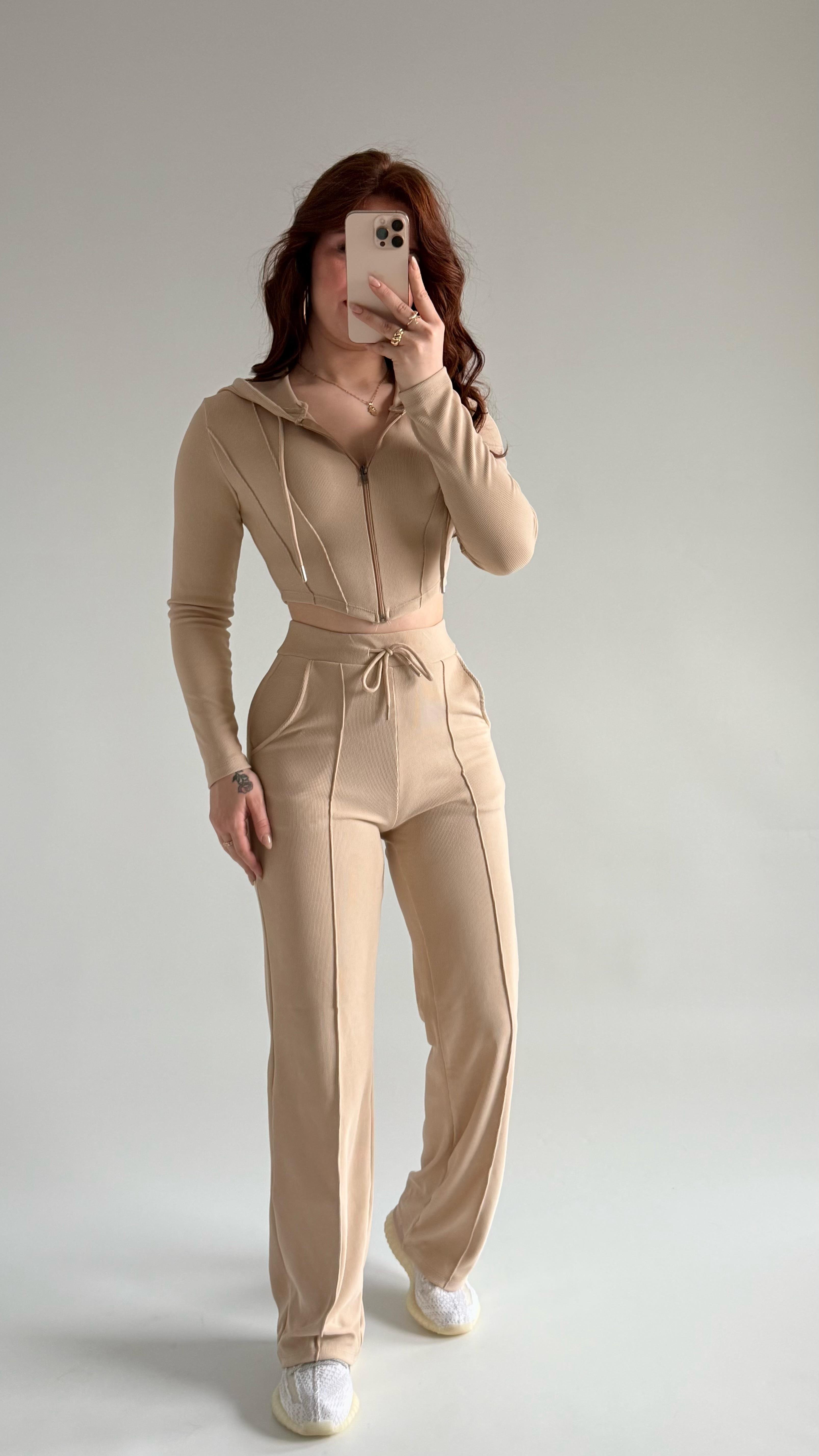 Crop Balenli Eşofman Takım Bej