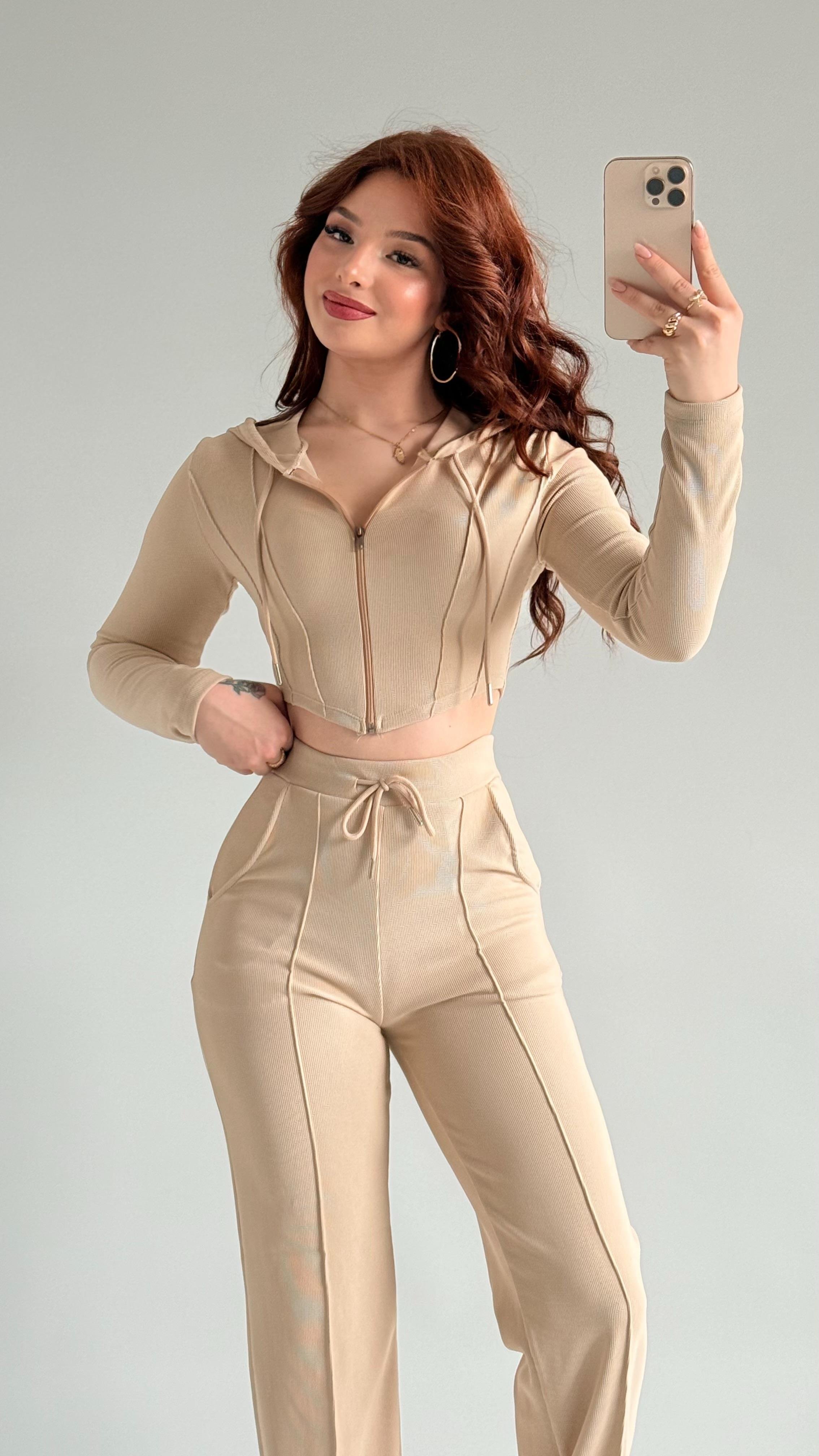 Crop Balenli Eşofman Takım Bej
