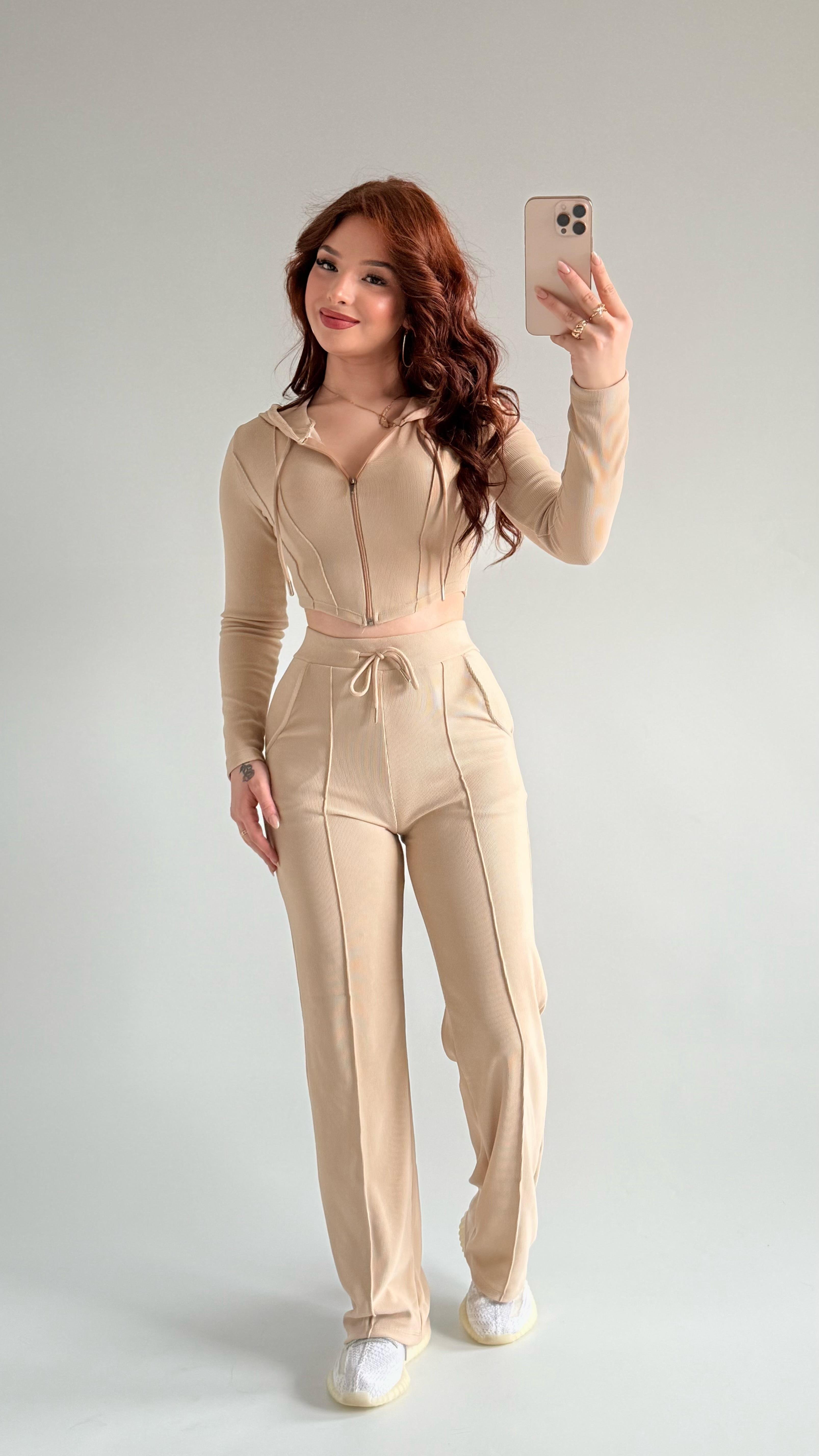 Crop Balenli Eşofman Takım Bej