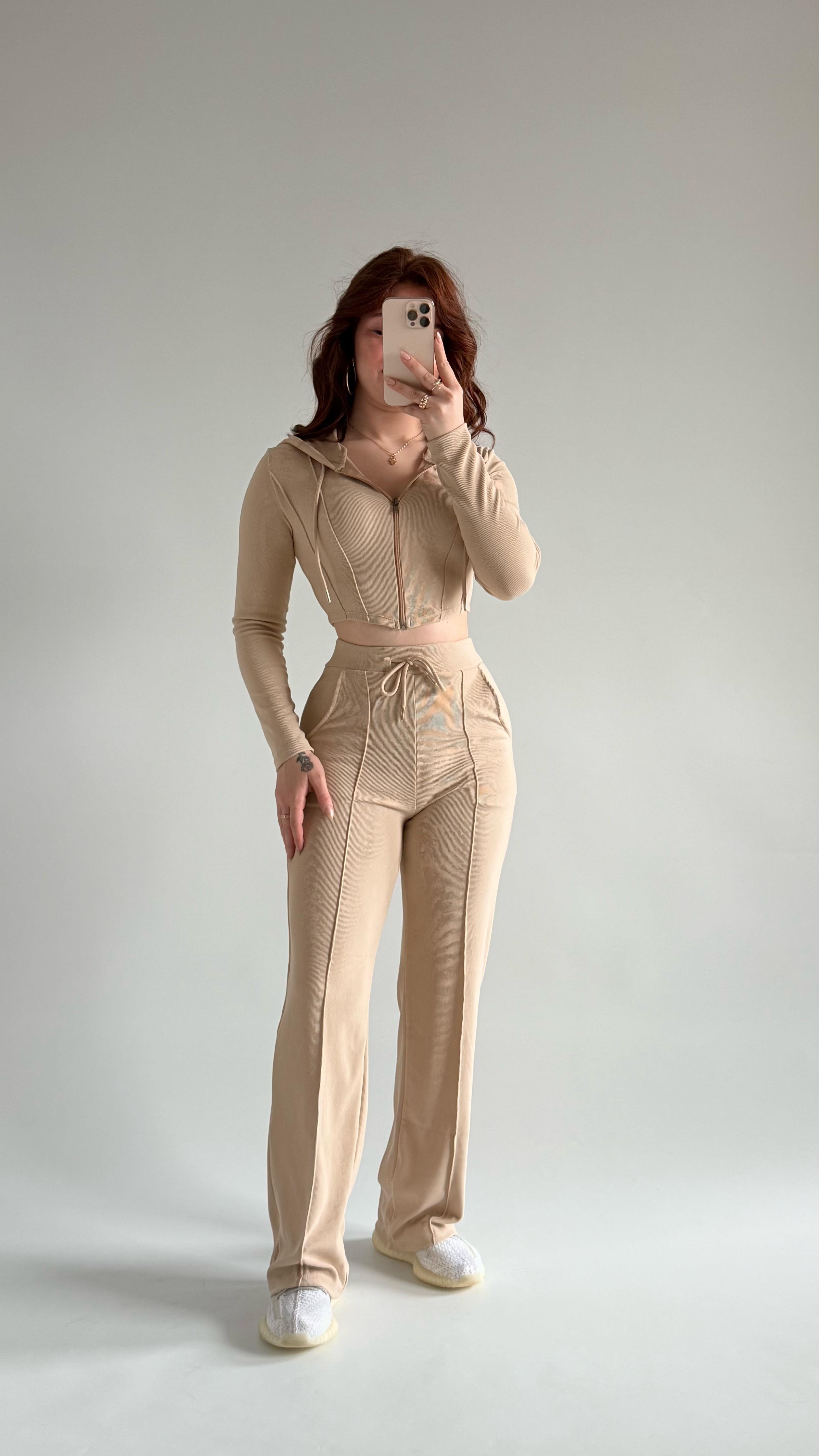 Crop Balenli Eşofman Takım Bej