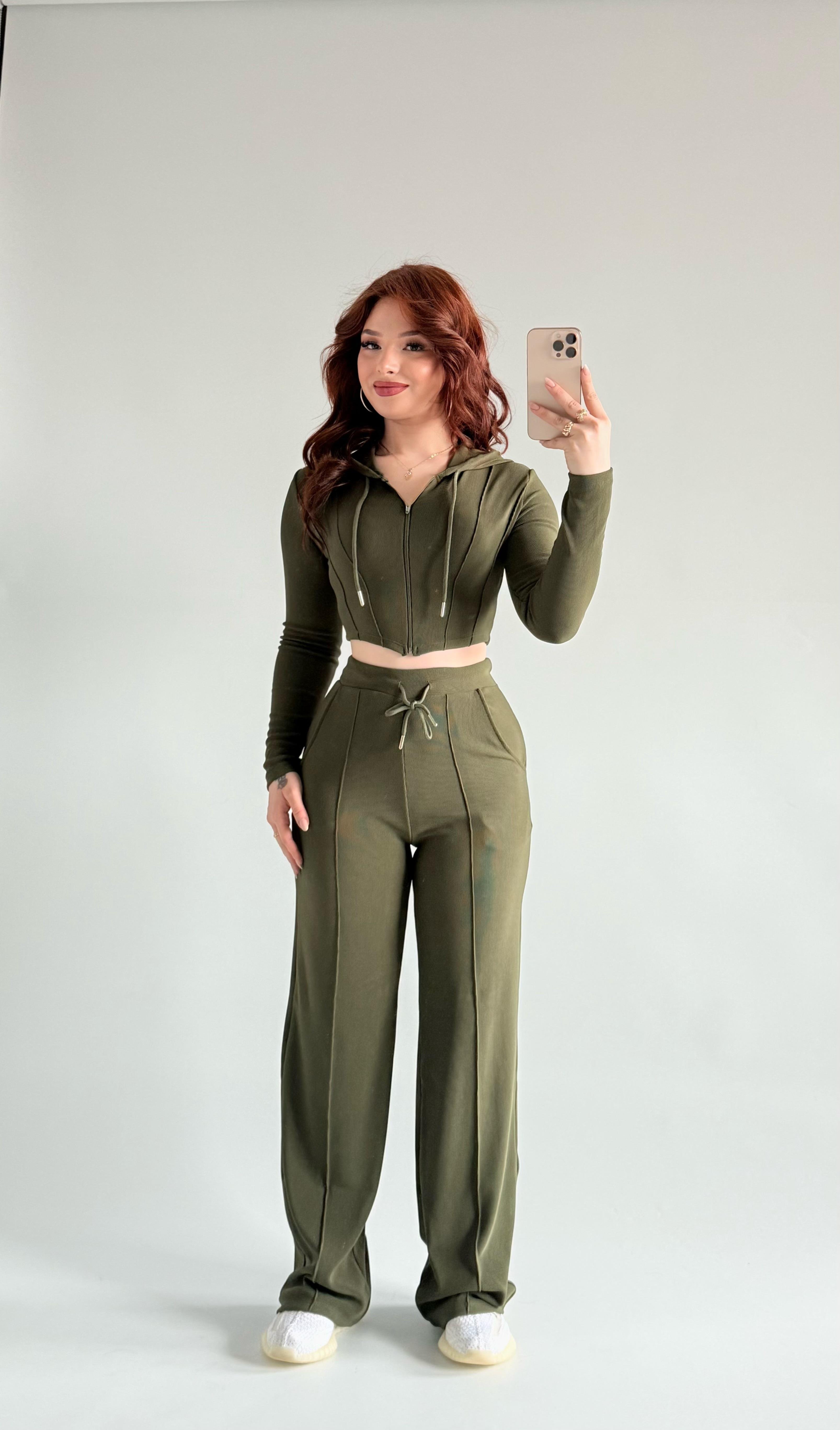 Crop Balenli Eşofman Takım Haki
