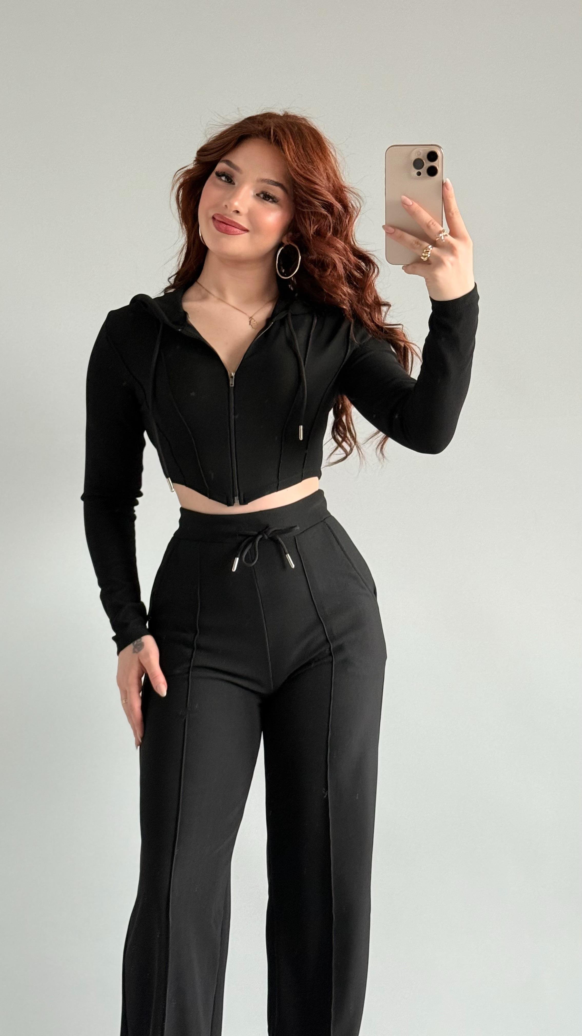 Crop Balenli Eşofman Takım Siyah