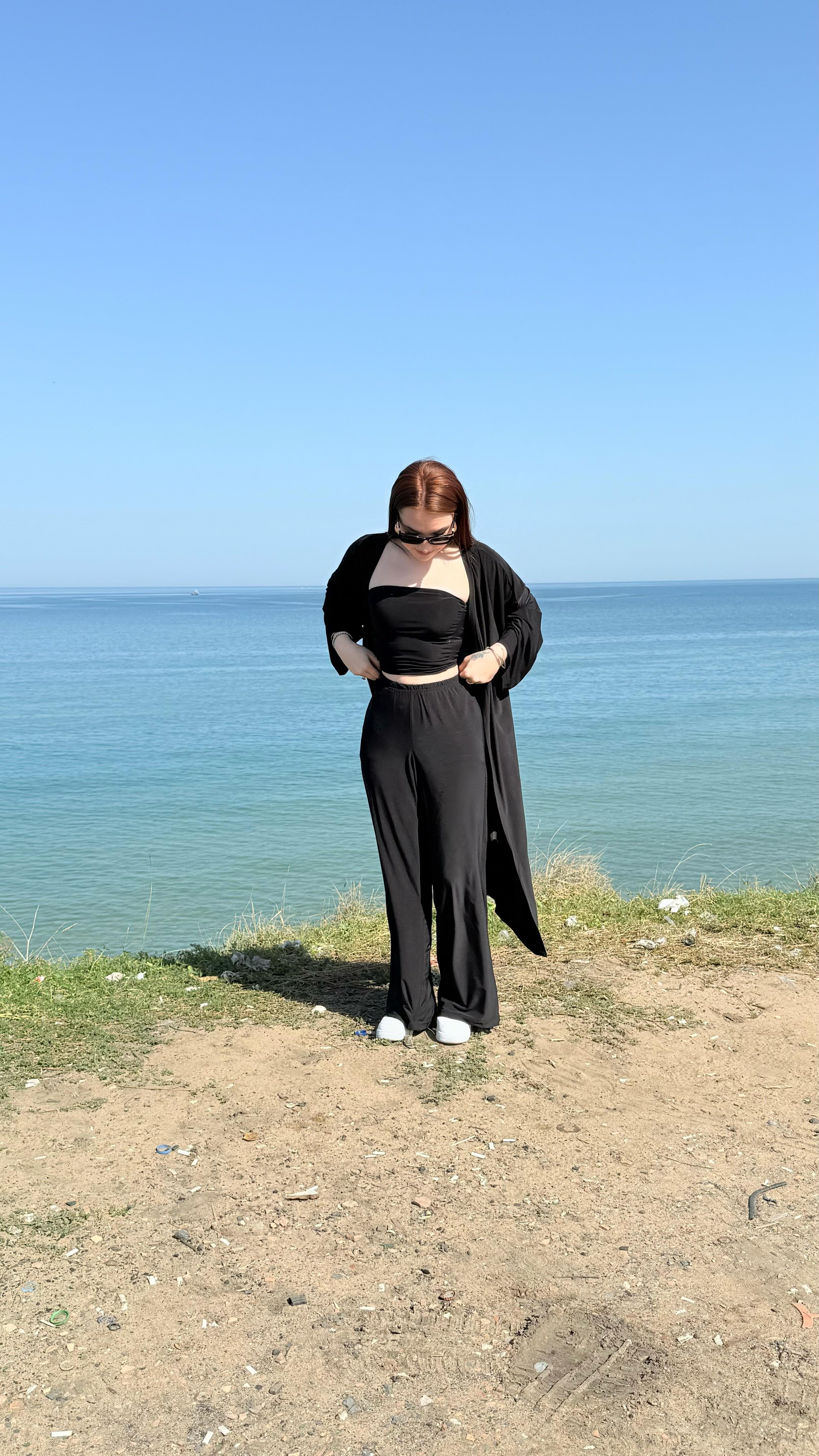 Crop Pantolon Hırka Takım Siyah