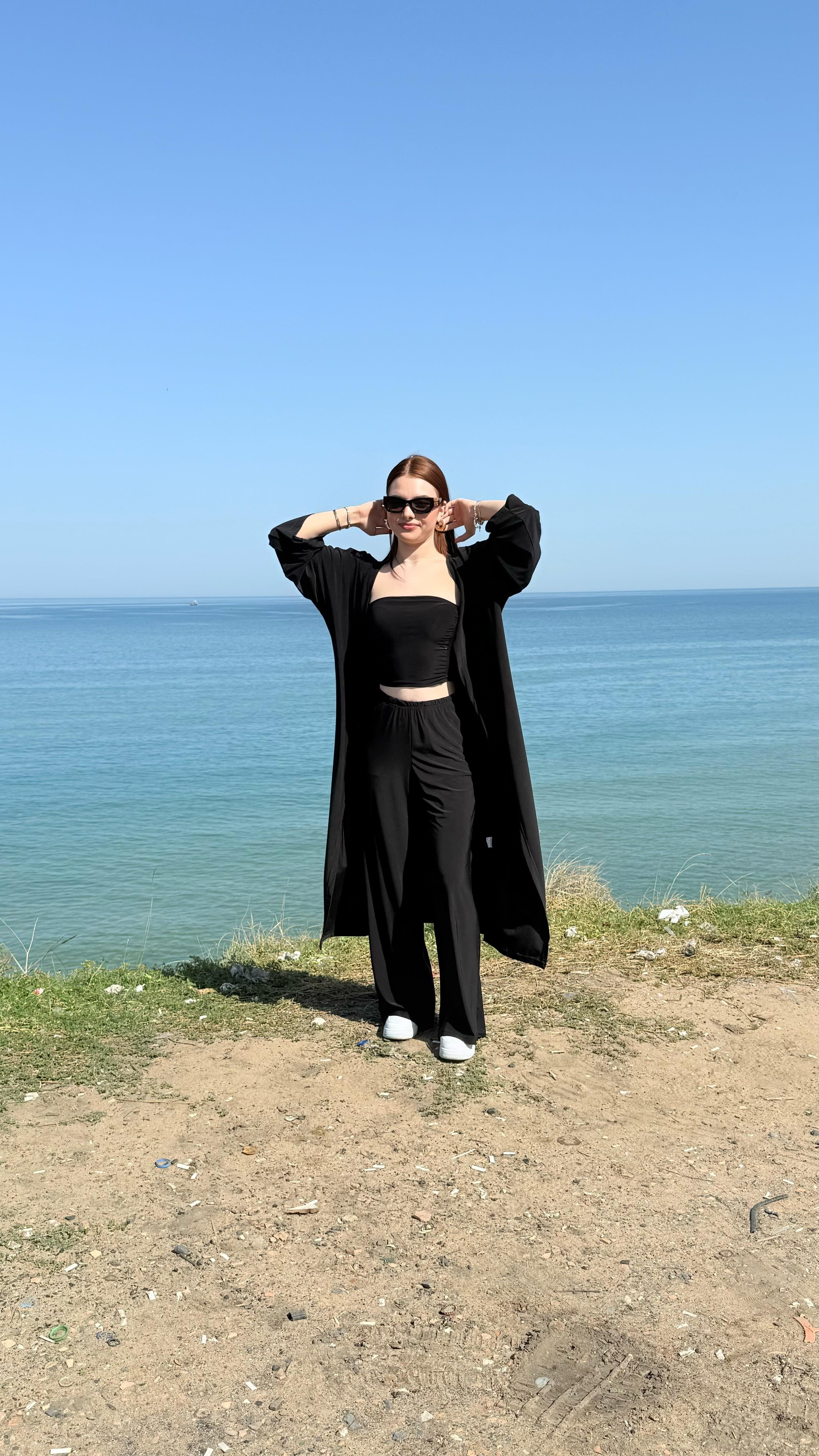 Crop Pantolon Hırka Takım Siyah