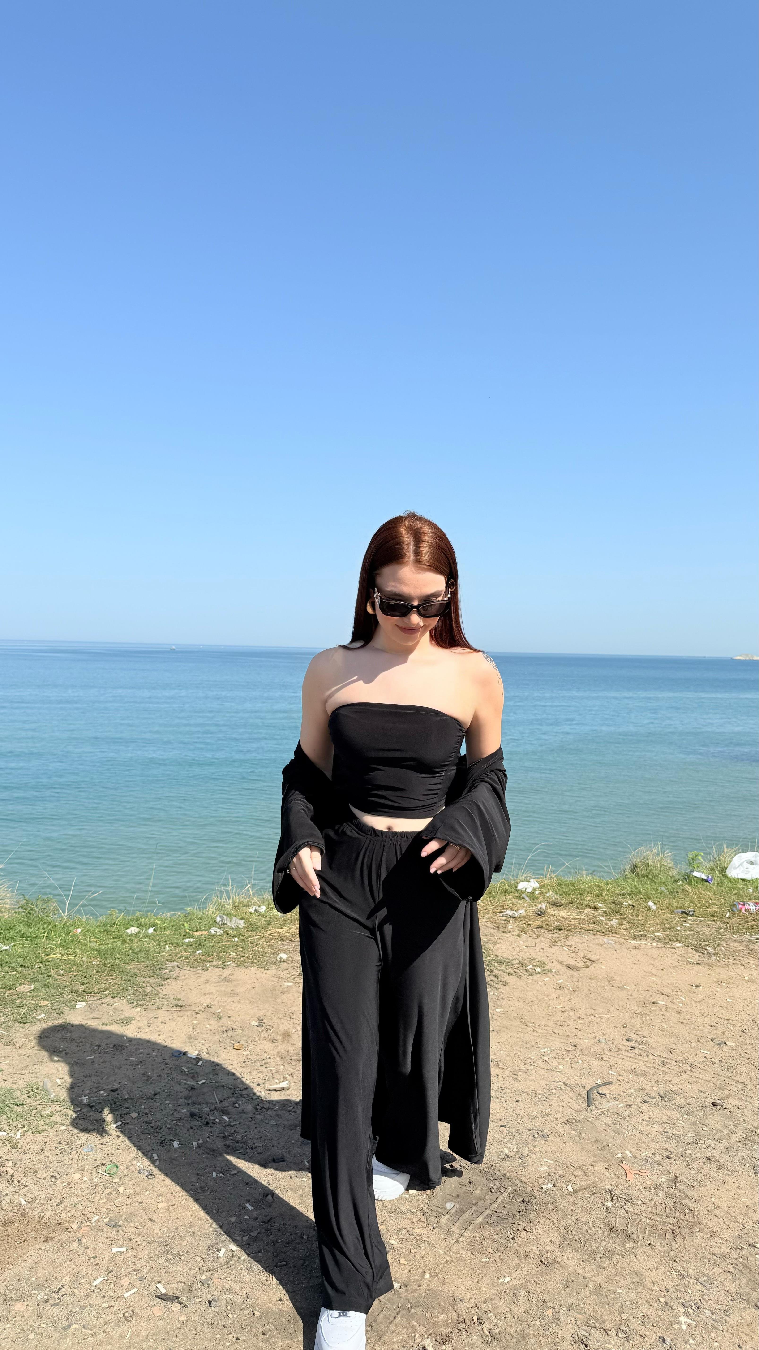 Crop Pantolon Hırka Takım Siyah