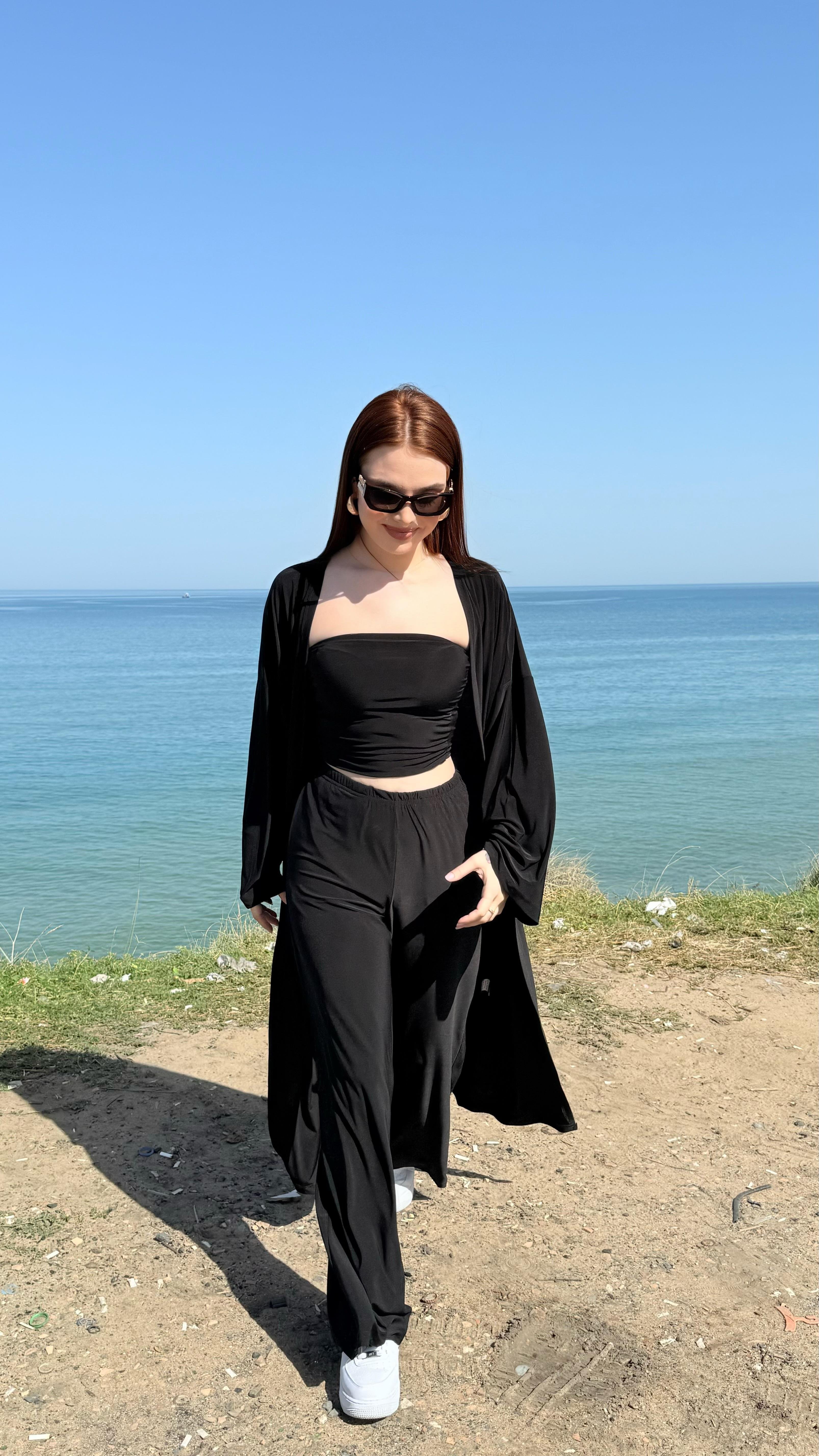 Crop Pantolon Hırka Takım Siyah