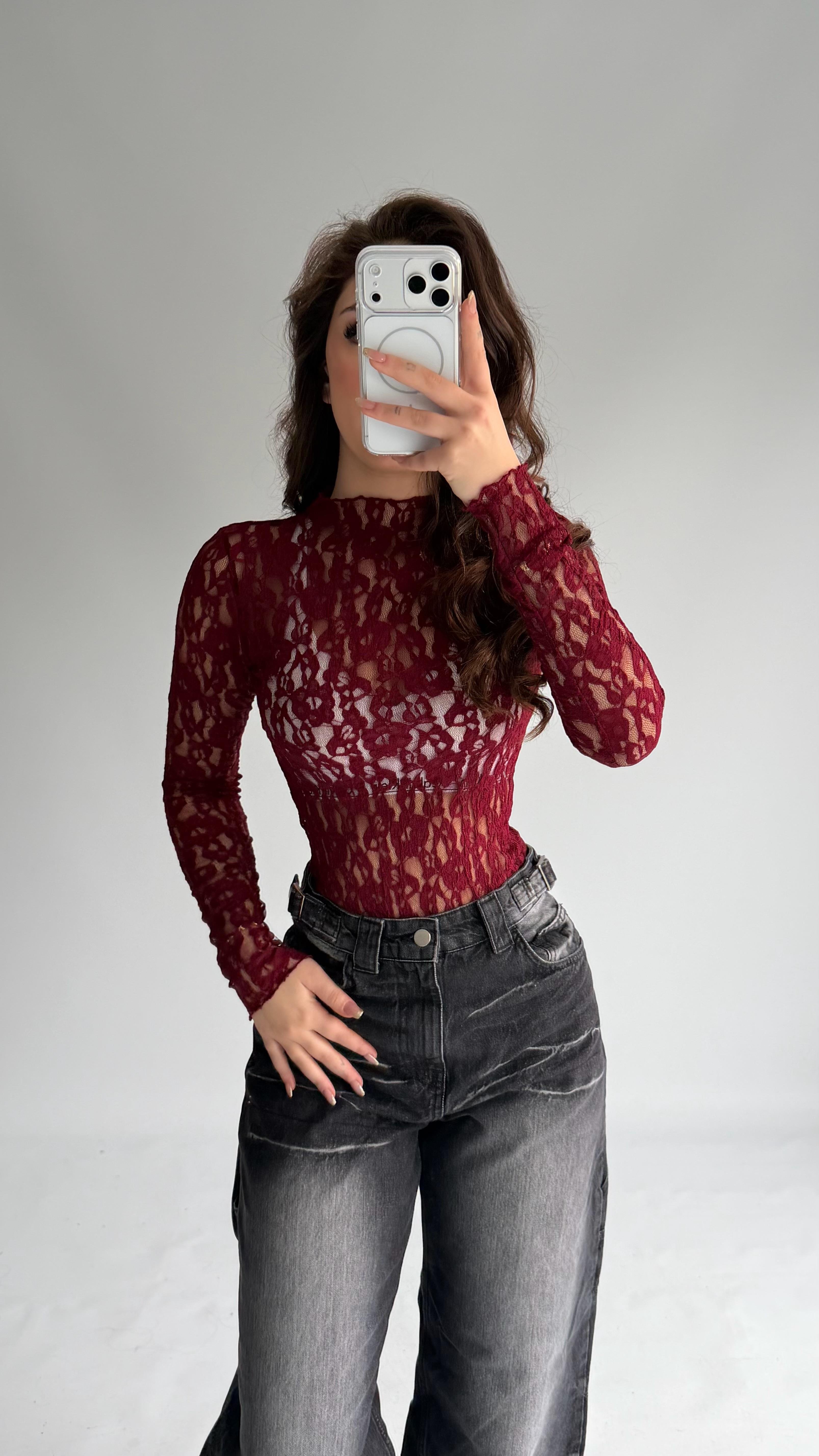 Dantel Balıkçı Transparan Bluz Bordo
