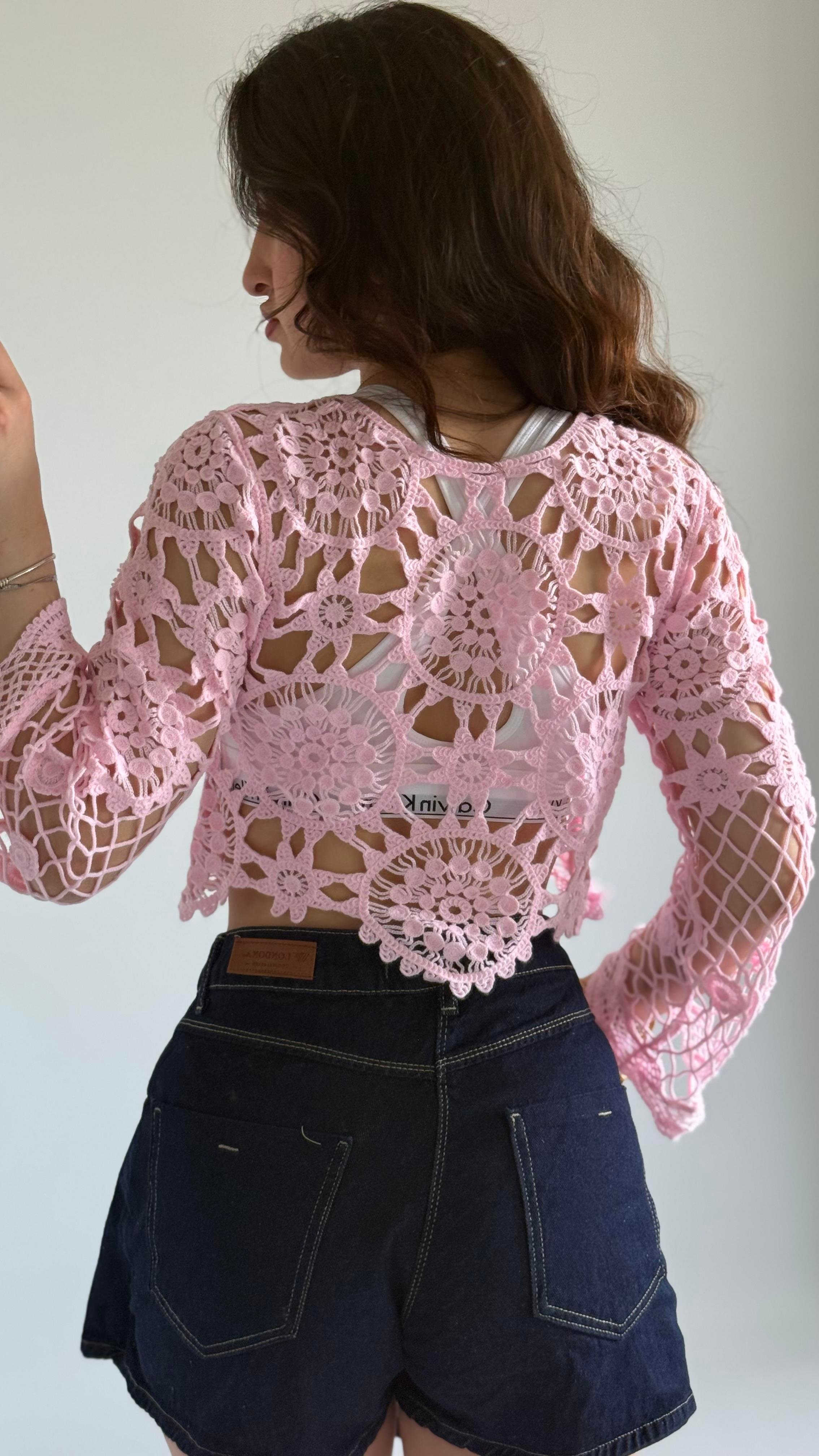 Dantel İşleme Crop Pembe