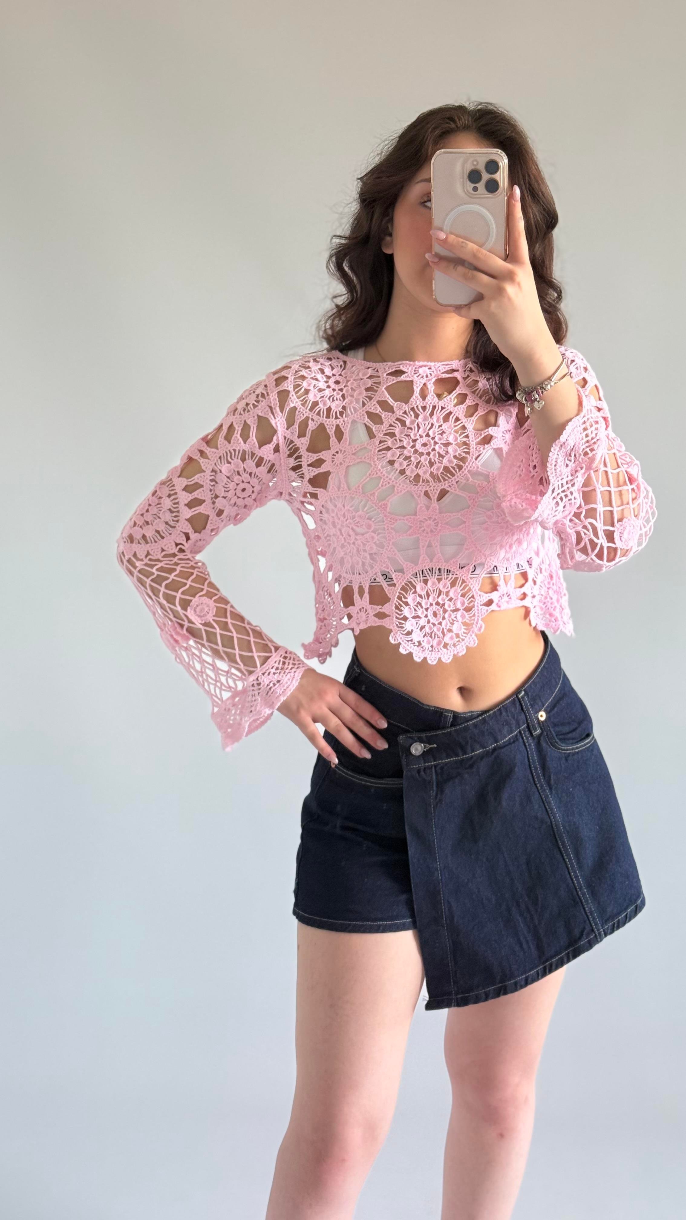 Dantel İşleme Crop Pembe