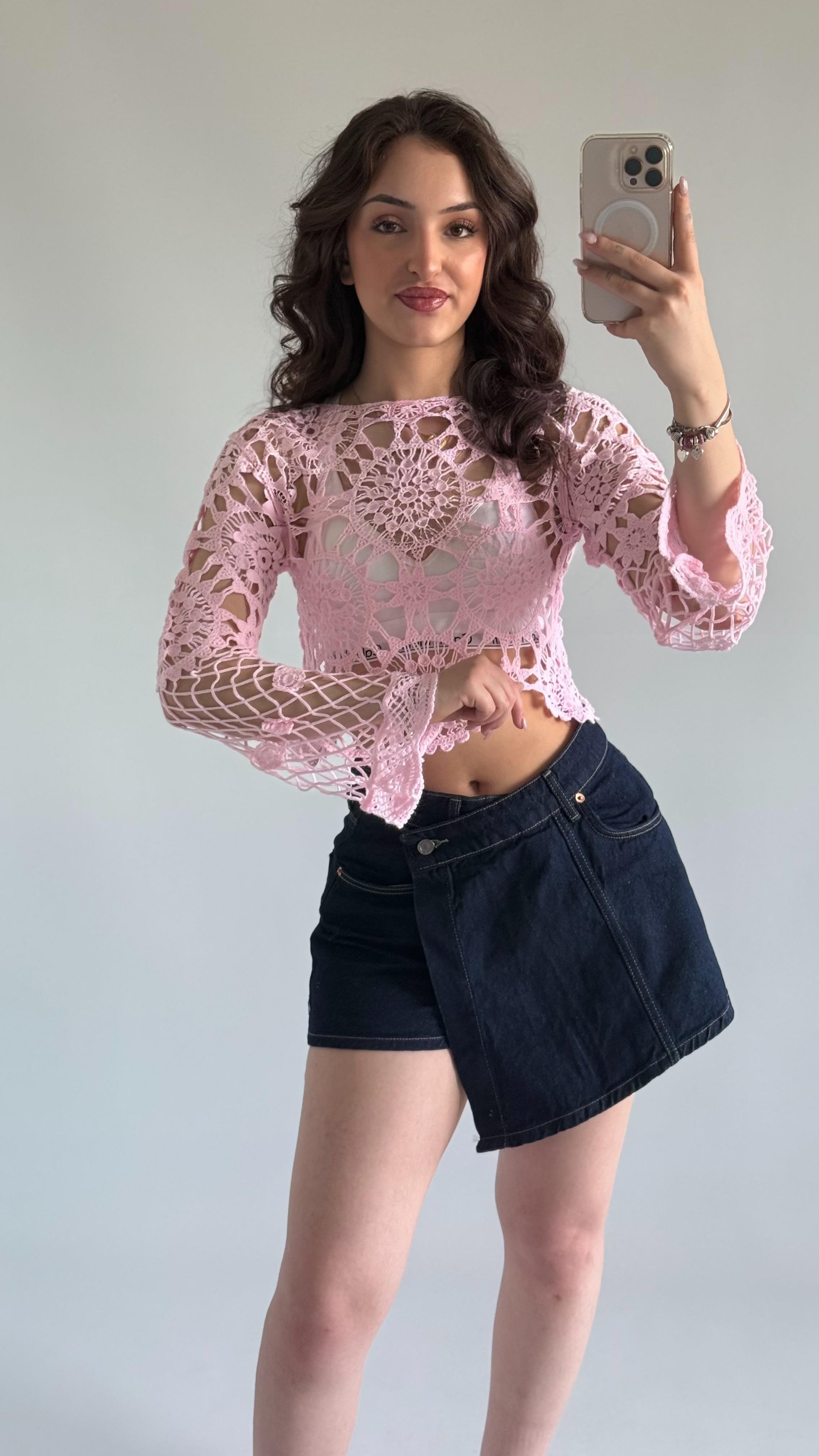 Dantel İşleme Crop Pembe