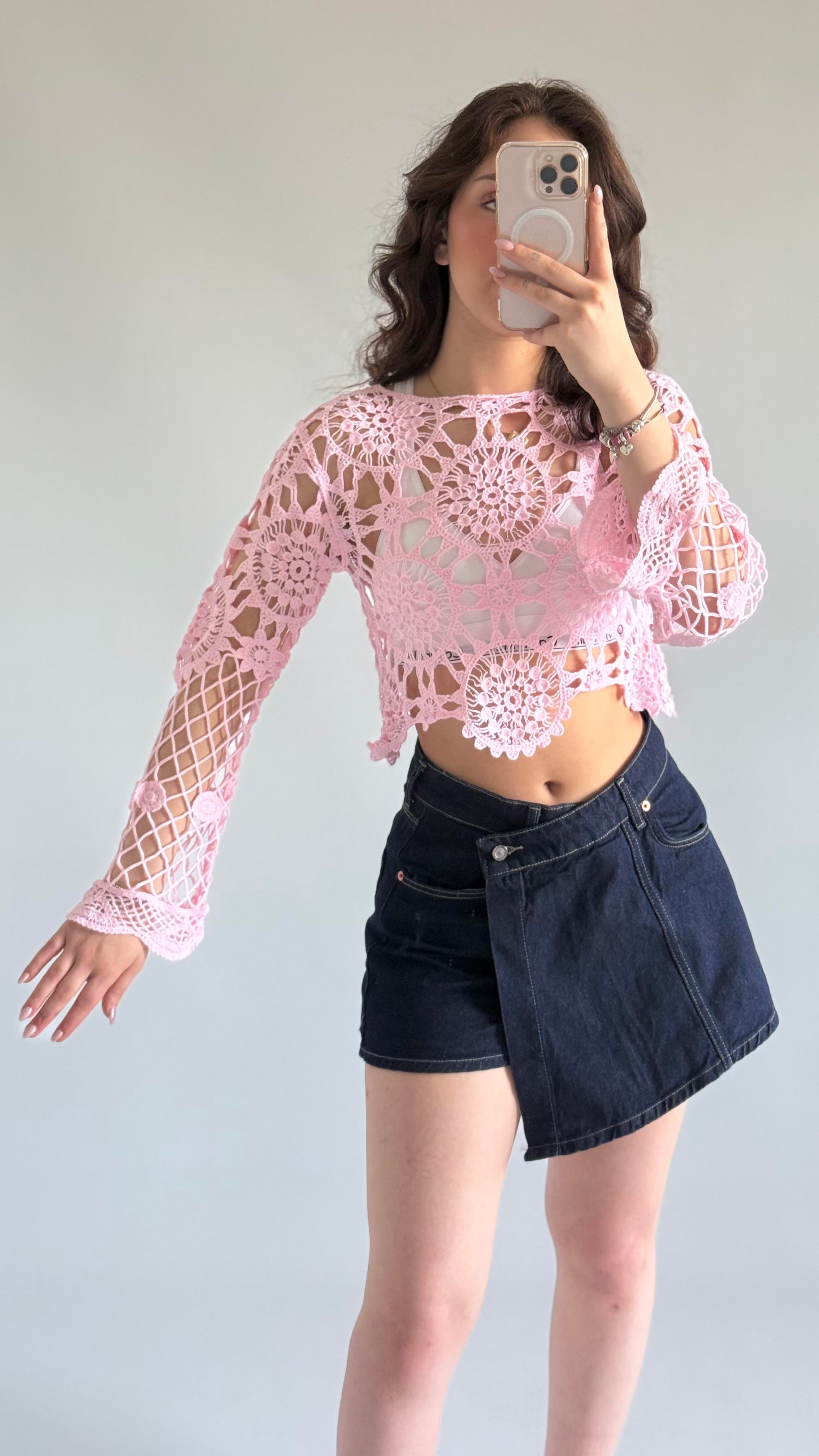 Dantel İşleme Crop Pembe