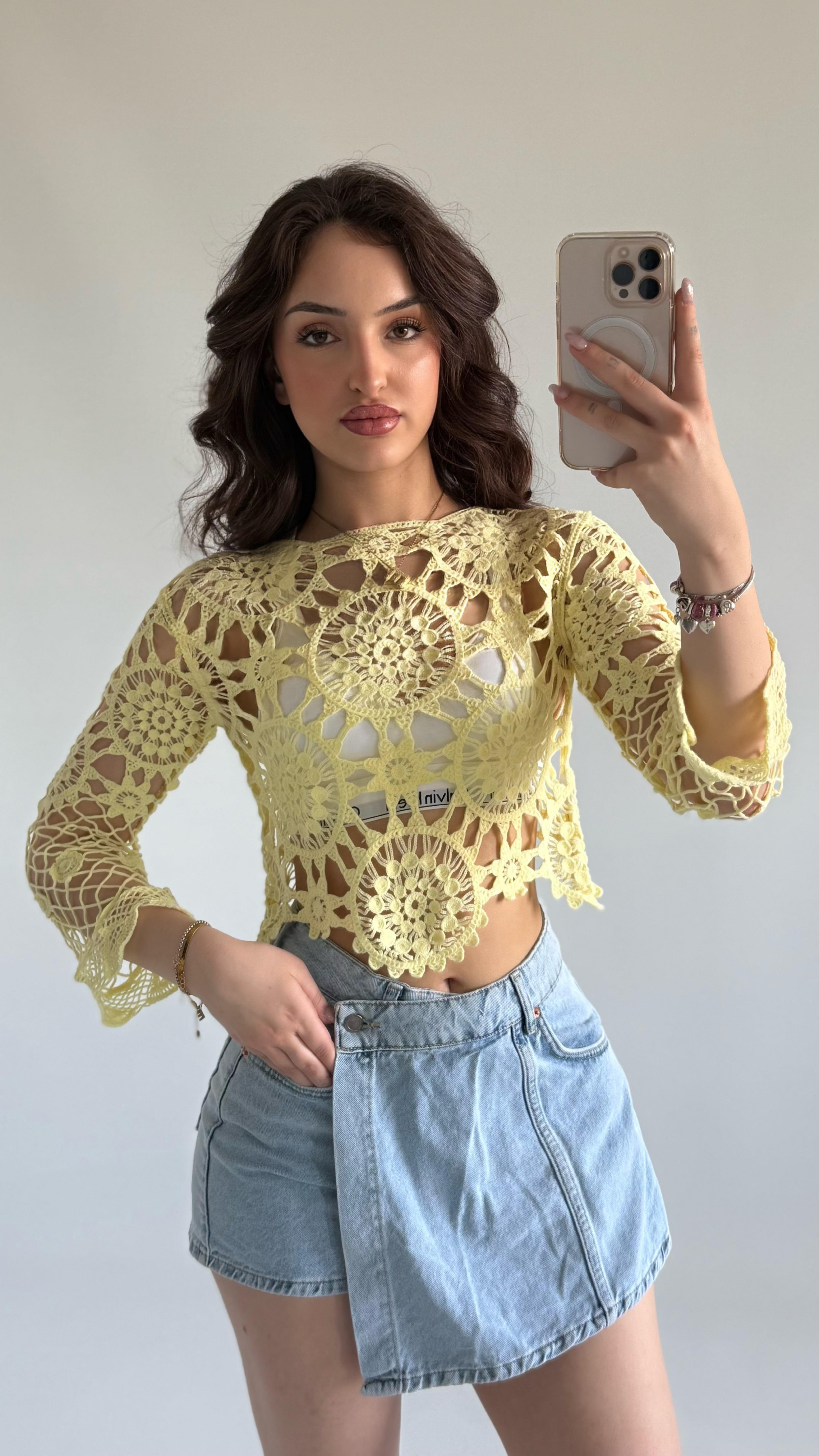 Dantel İşleme Crop Sarı