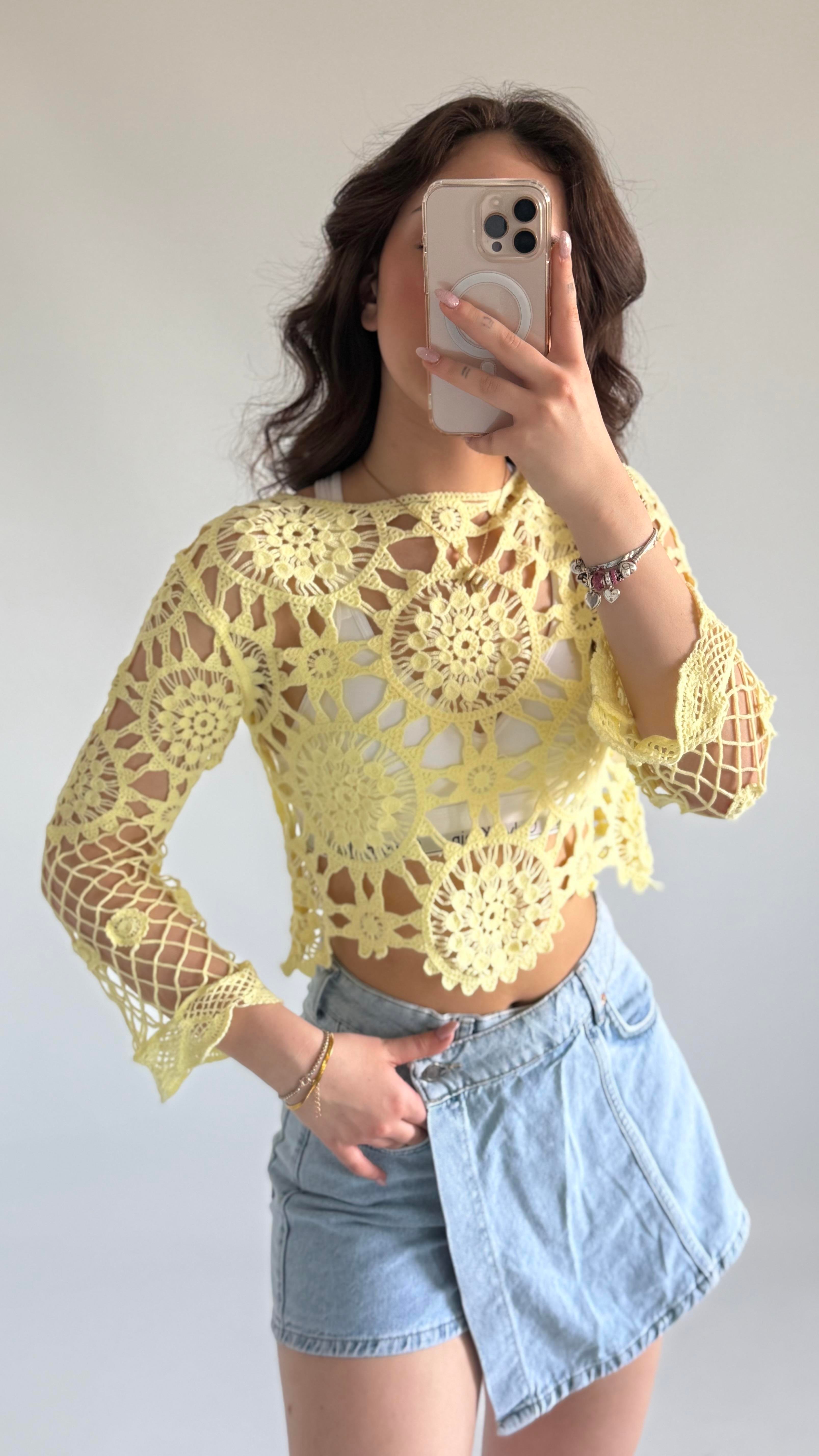 Dantel İşleme Crop Sarı