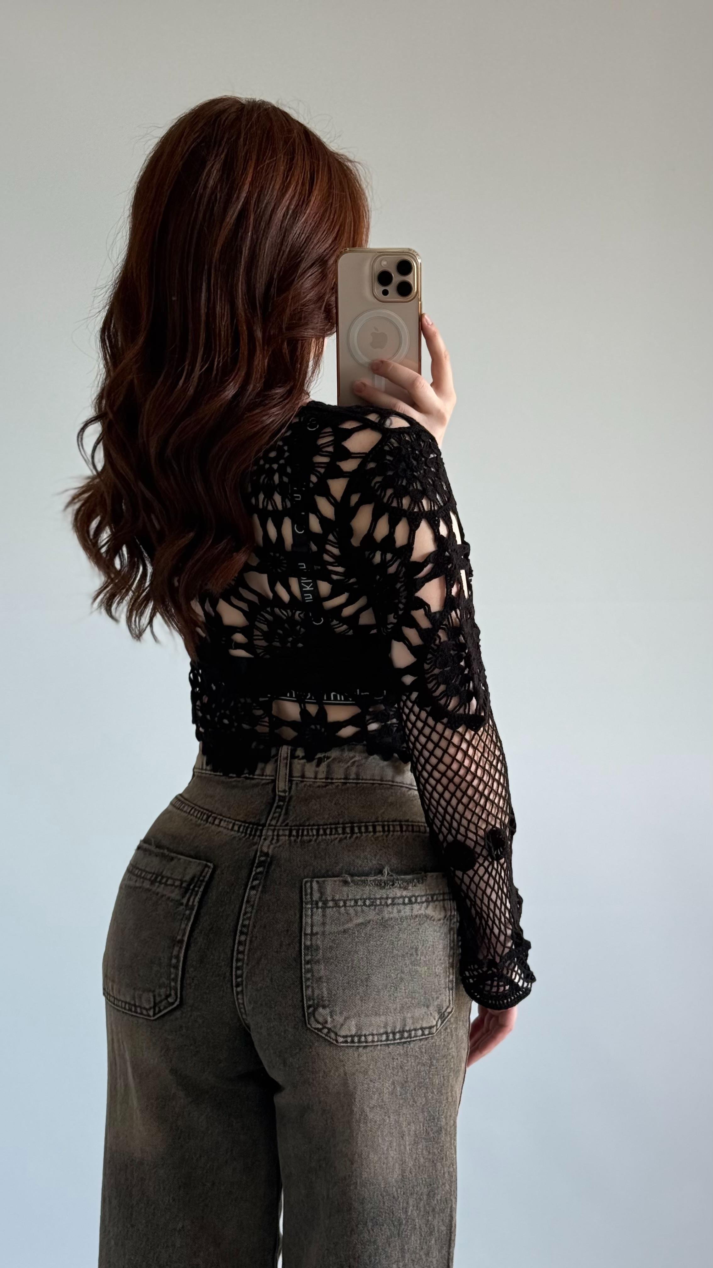 Dantel İşleme Crop Siyah