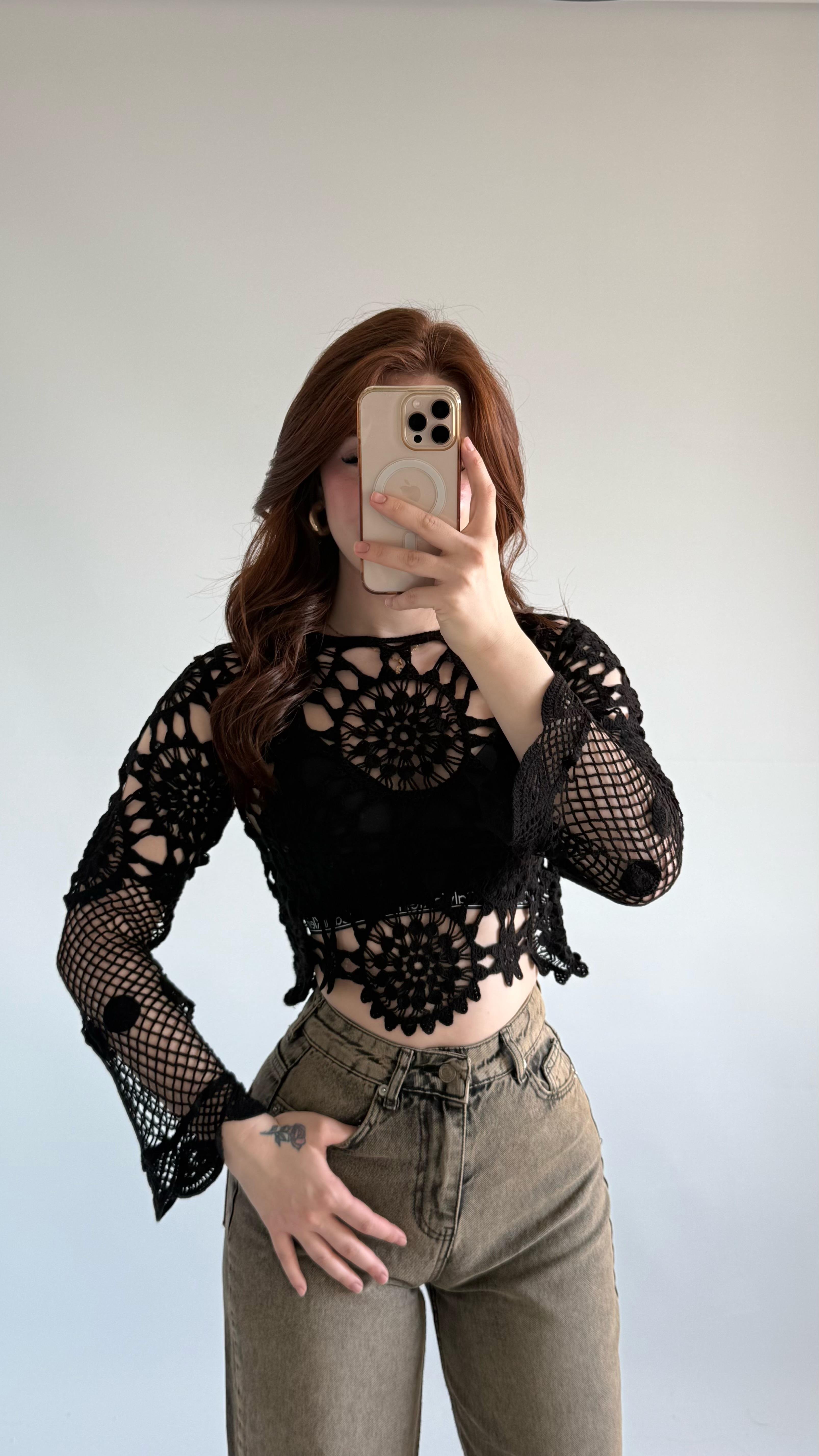 Dantel İşleme Crop Siyah