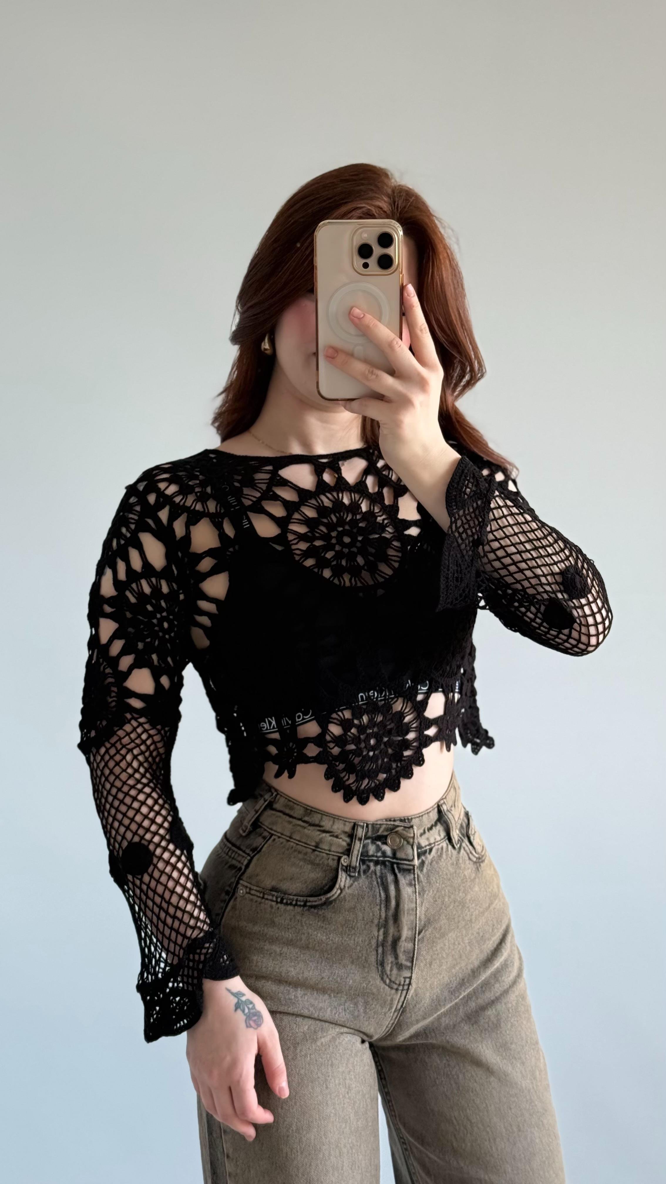 Dantel İşleme Crop Siyah