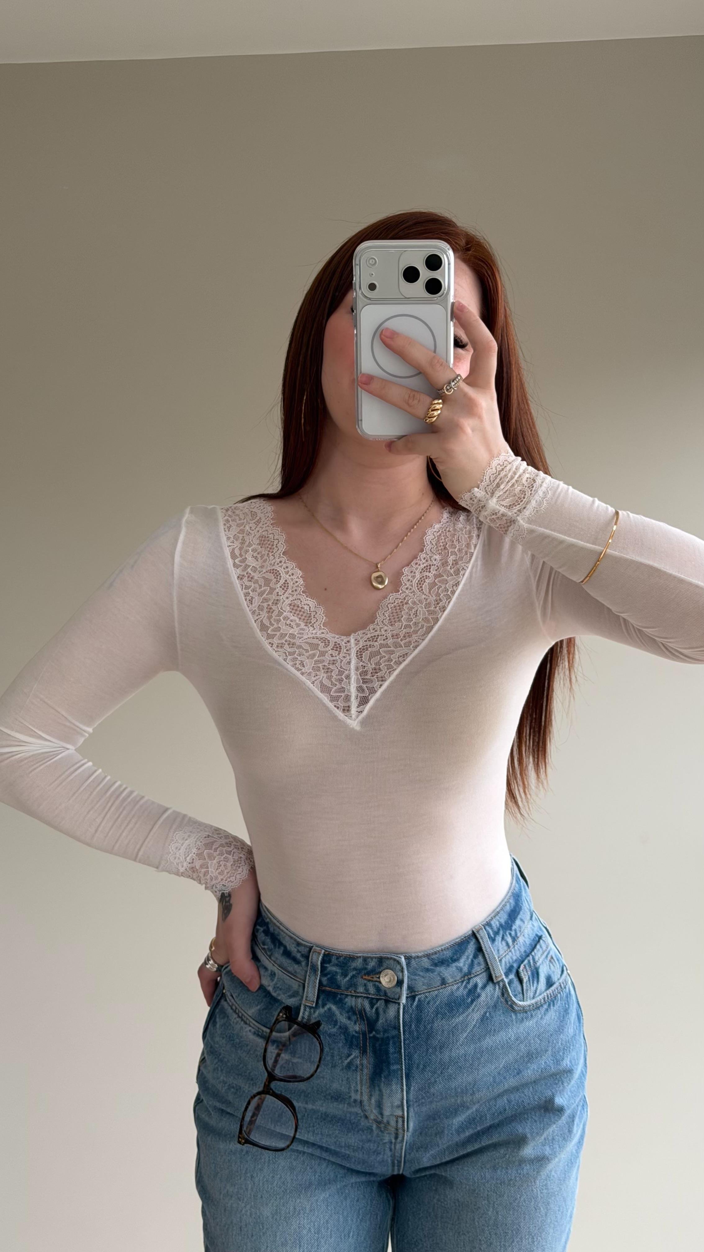 Dantelli Transparan Bluz Beyaz