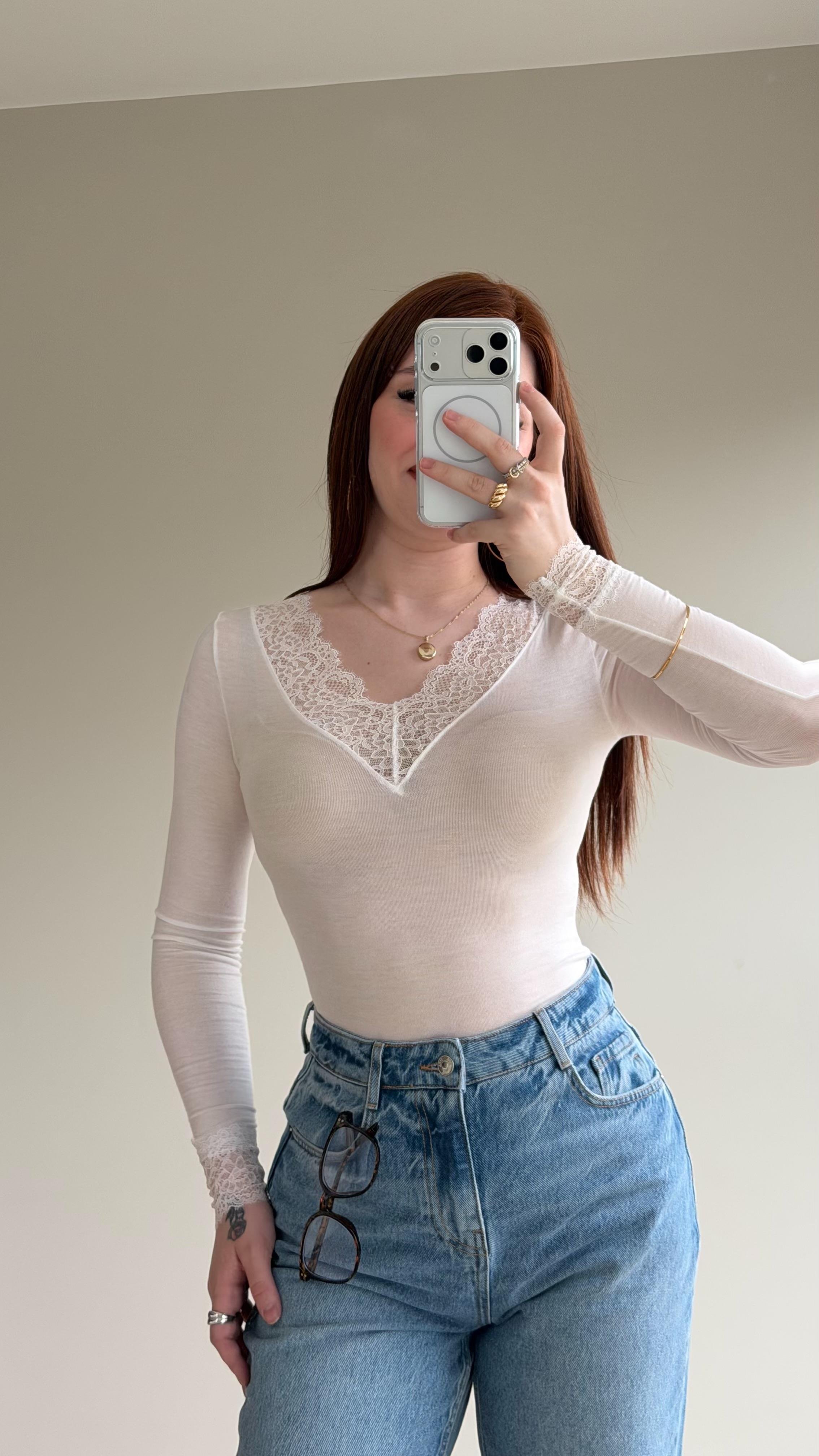 Dantelli Transparan Bluz Beyaz