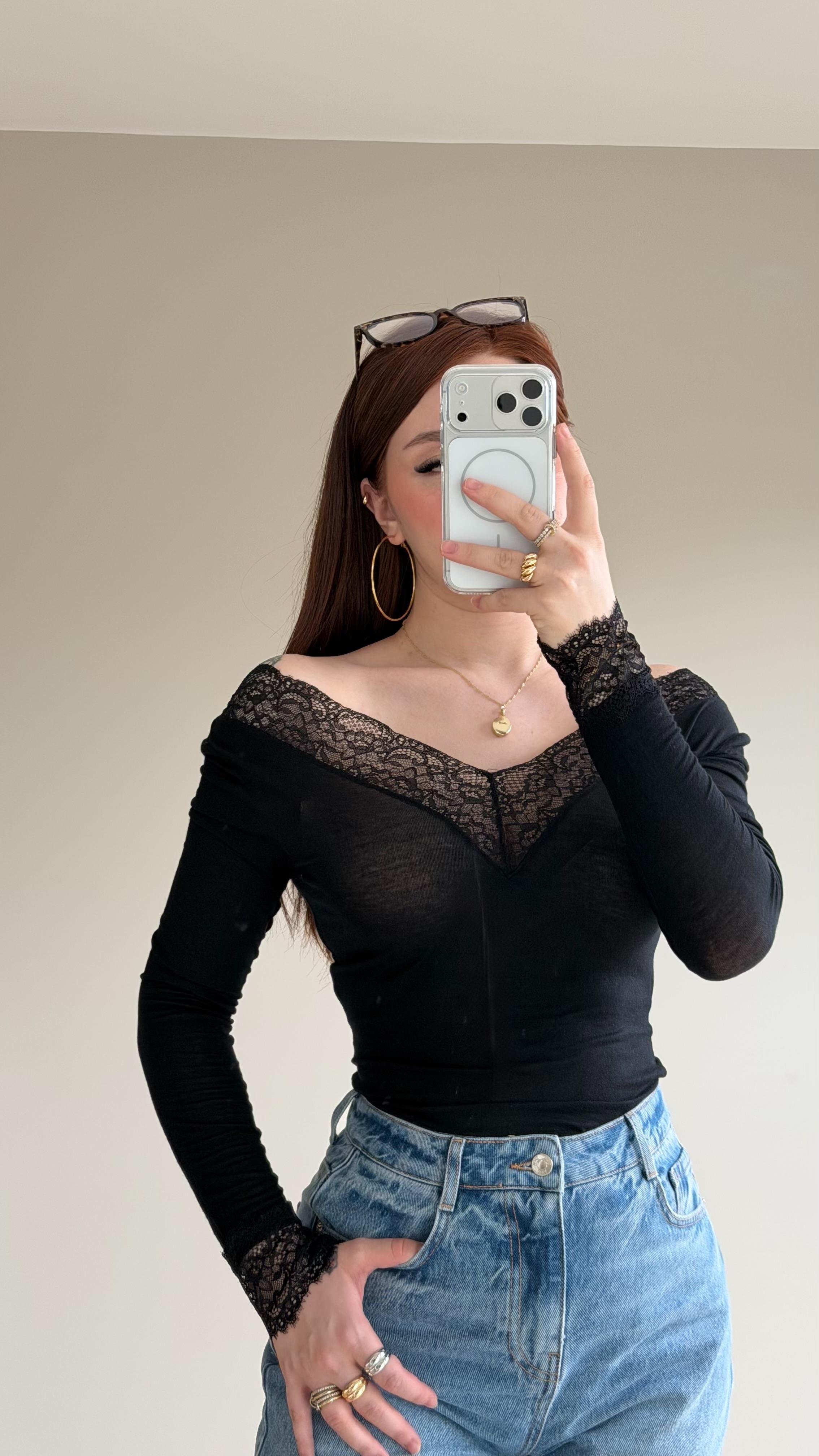 Dantelli Transparan Bluz Siyah