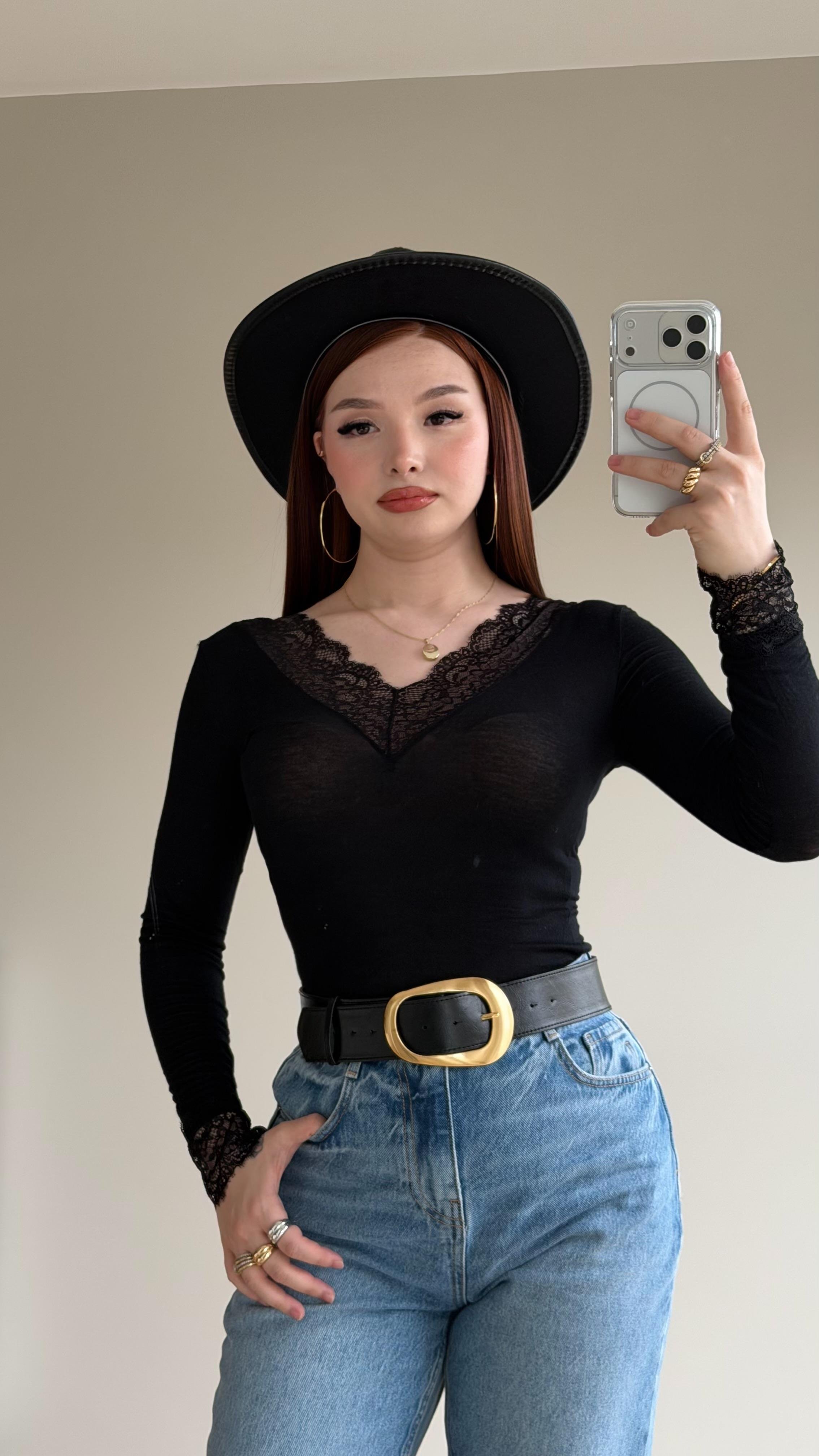 Dantelli Transparan Bluz Siyah