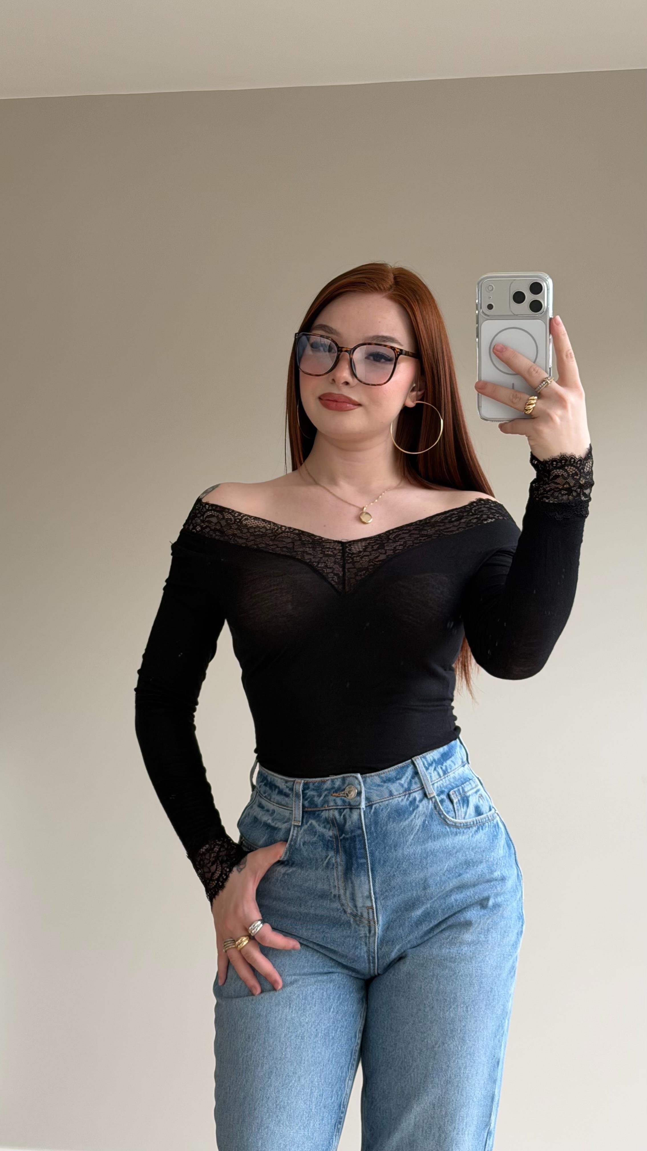 Dantelli Transparan Bluz Siyah