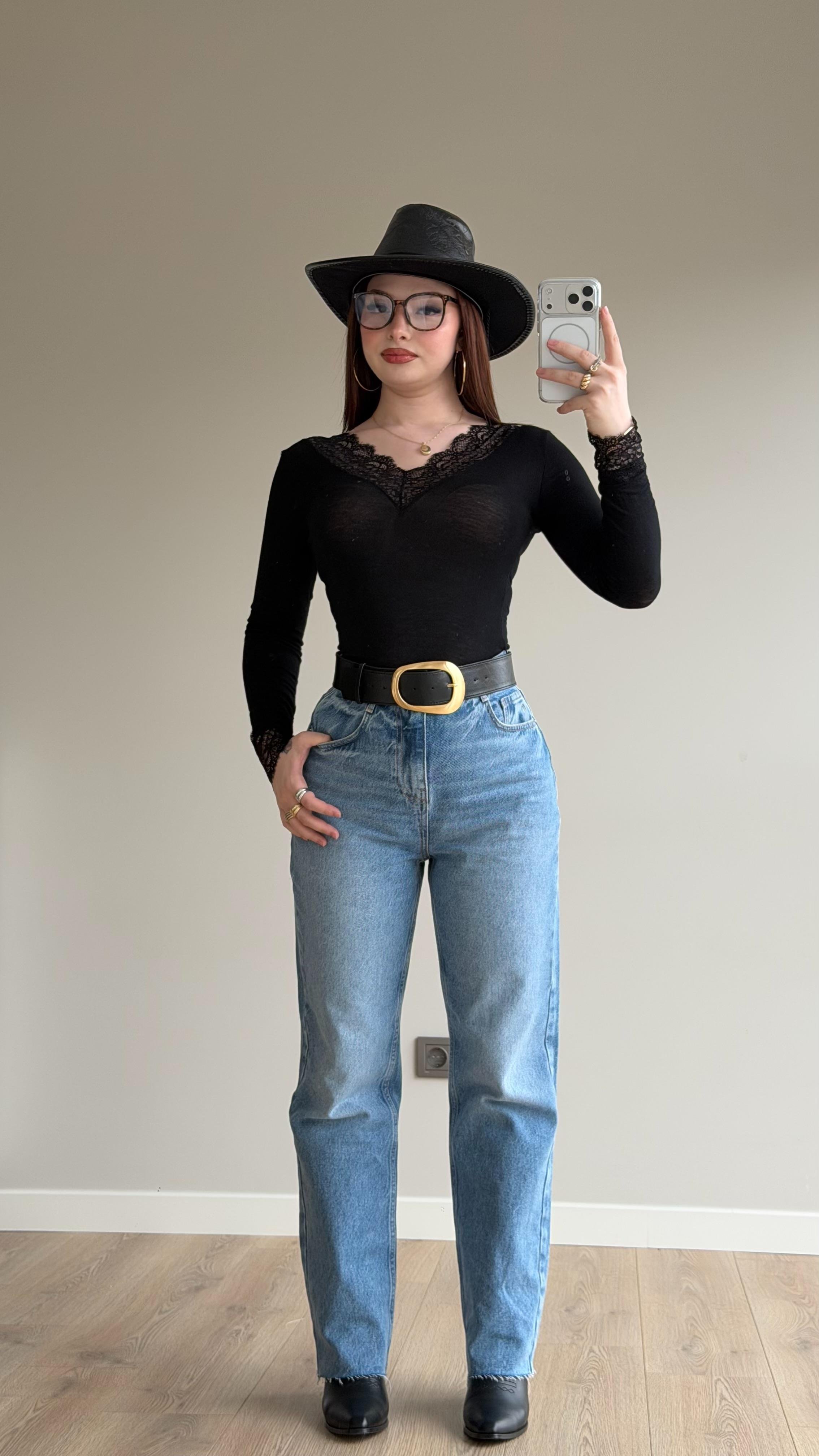 Dantelli Transparan Bluz Siyah