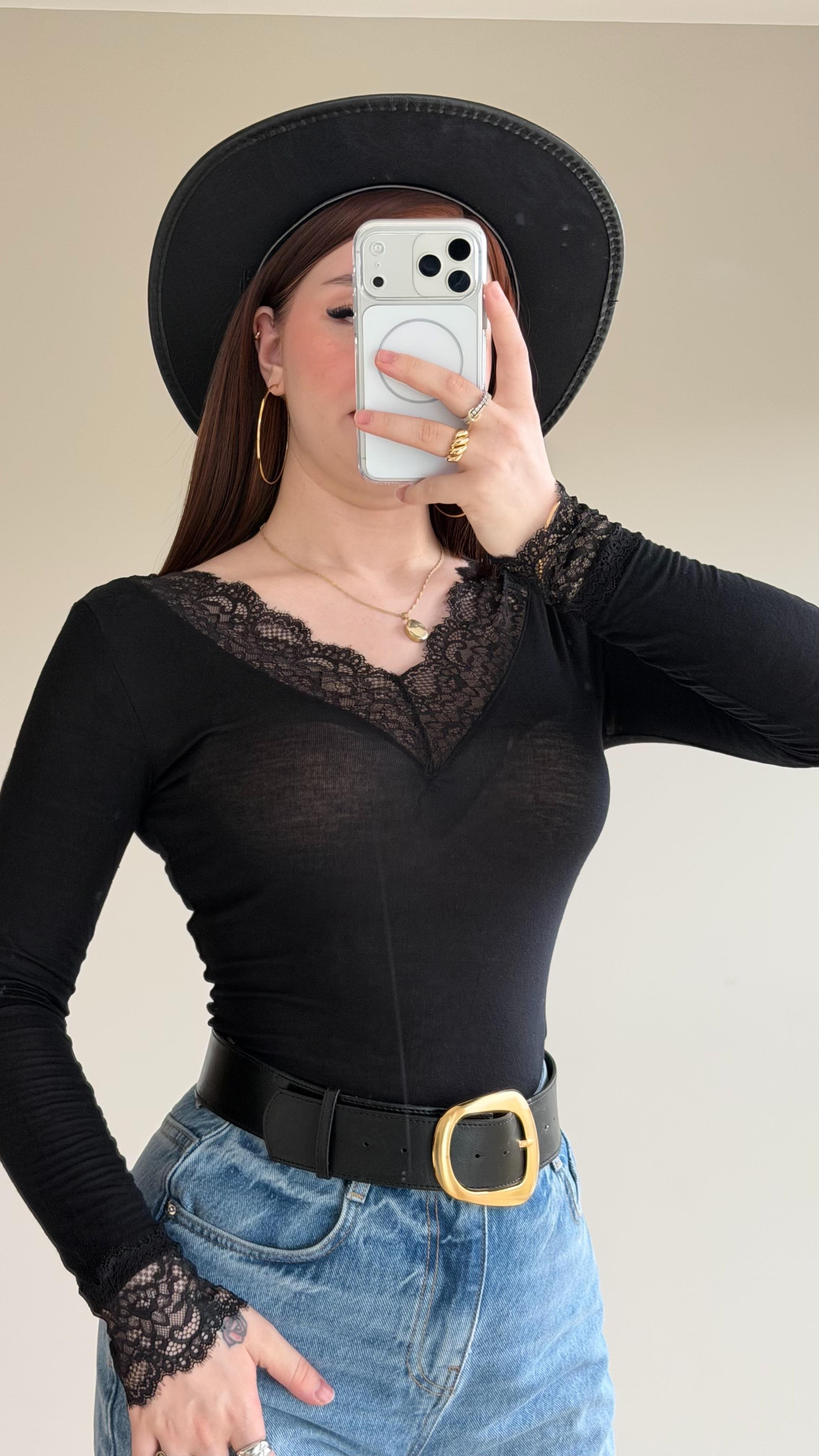 Dantelli Transparan Bluz Siyah