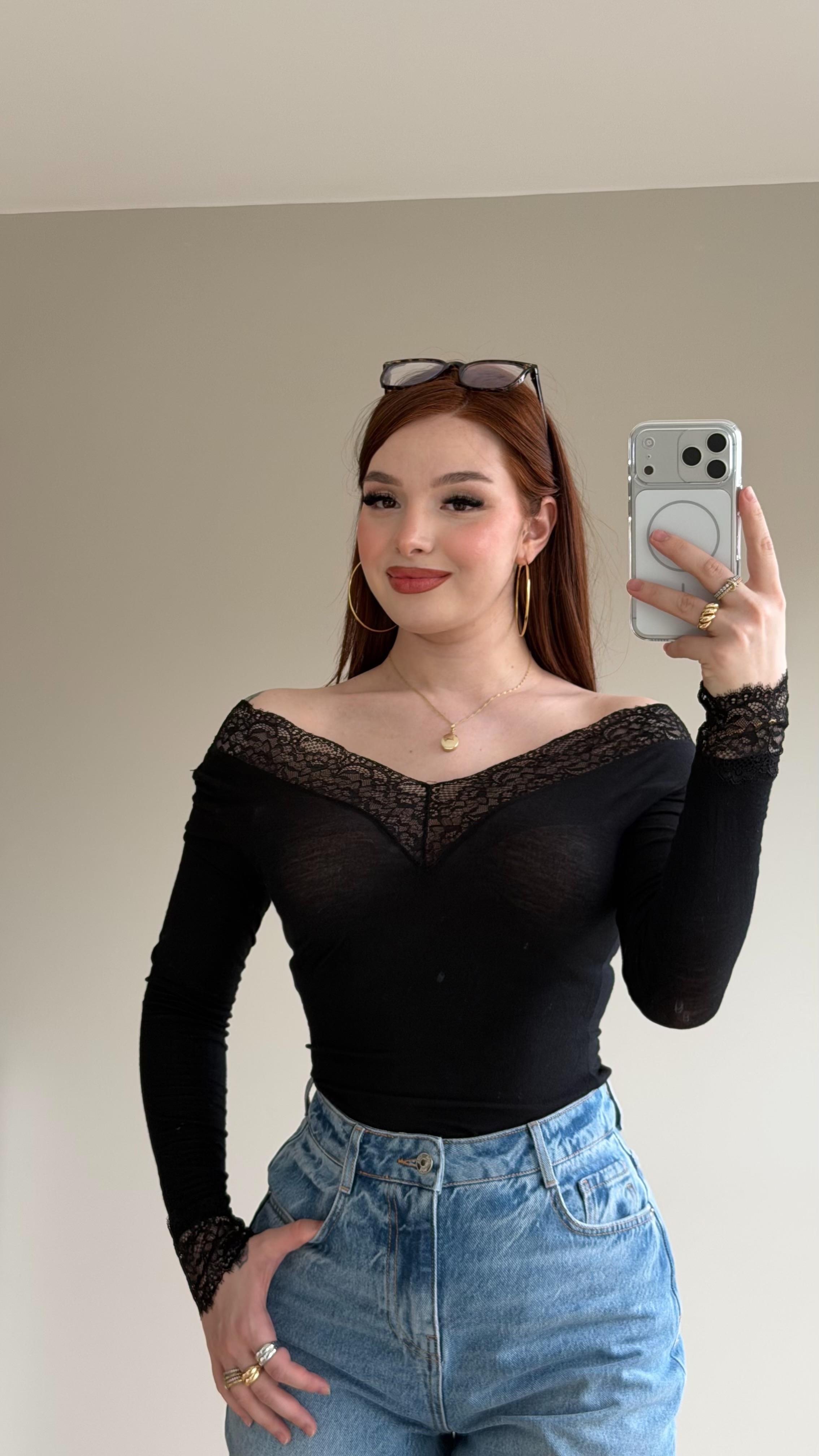 Dantelli Transparan Bluz Siyah