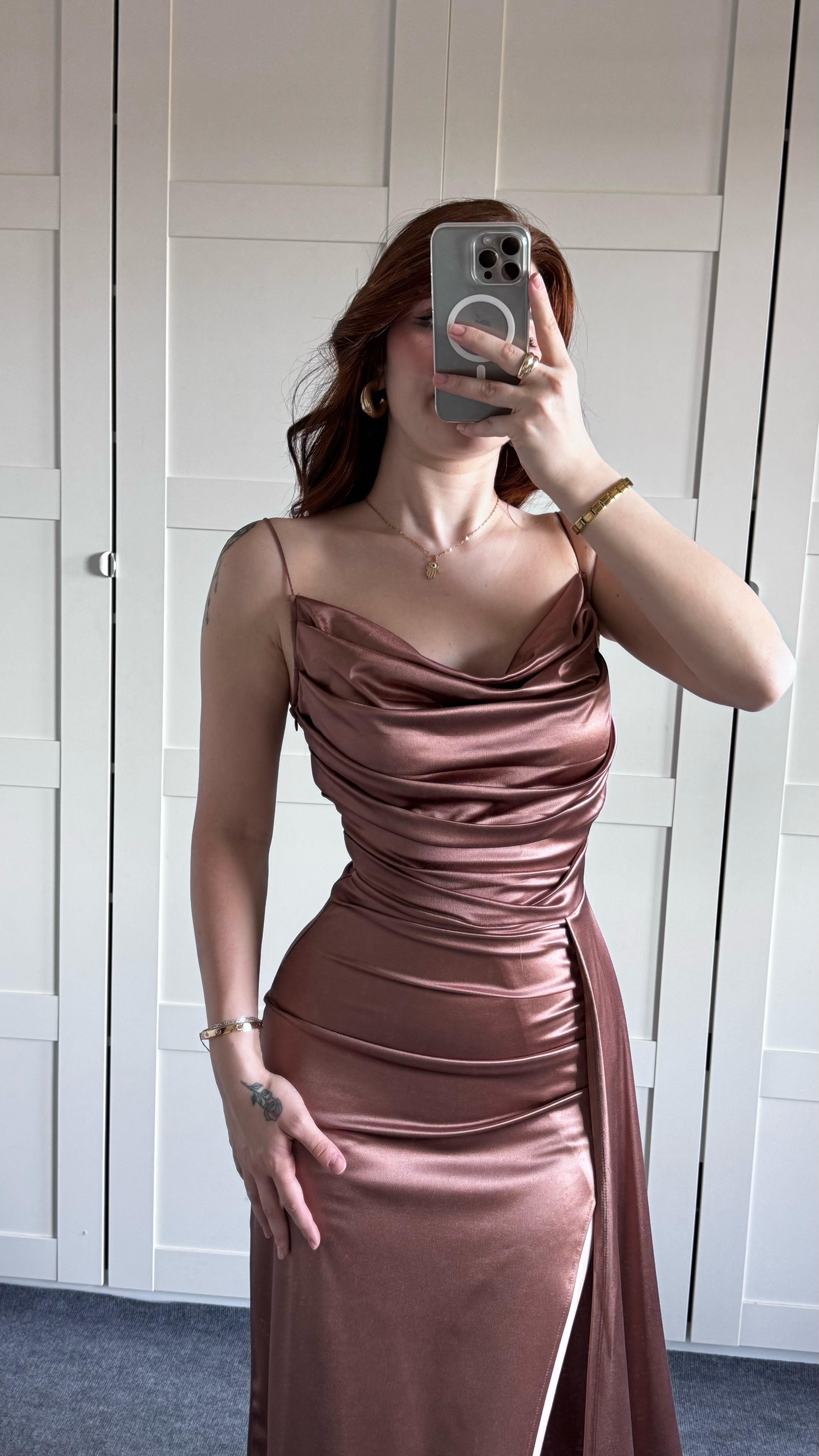 Degaje Saten İp Askılı Abiye Bronz Kahve Abiye