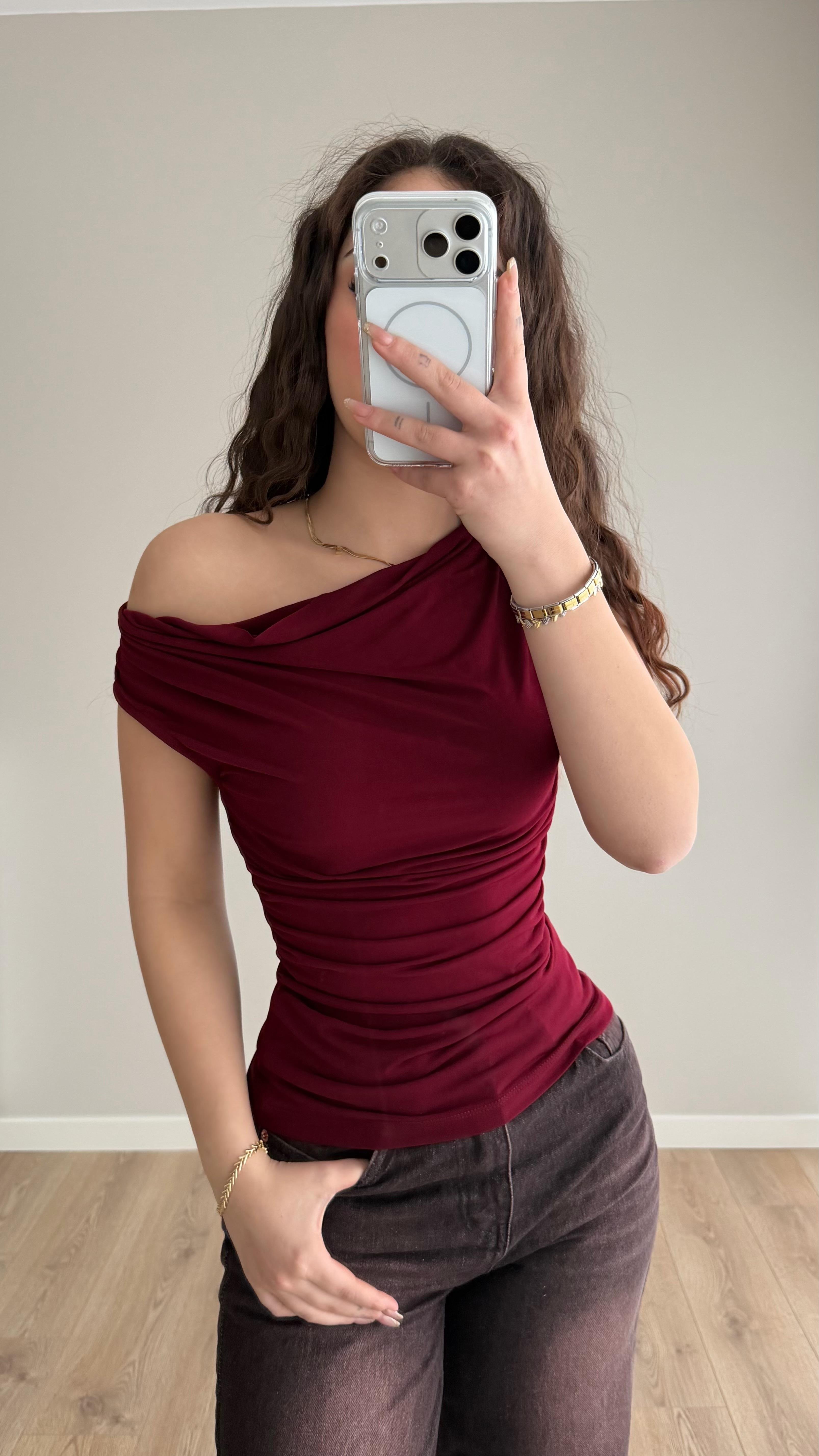 Degaje Sıfır Kol Bluz Bordo