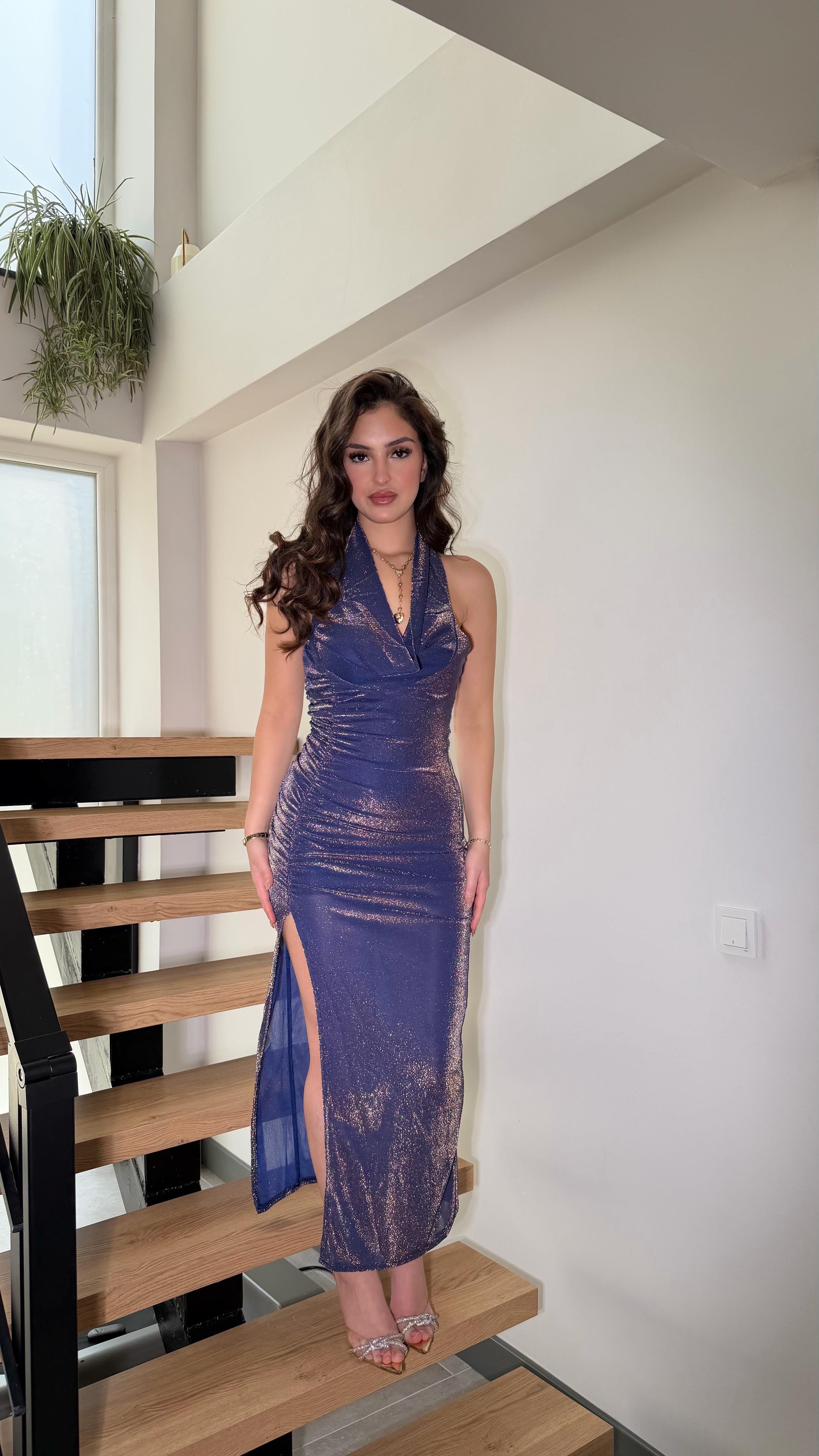 Demi Göğüs Degaje Simli Elbise Mor
