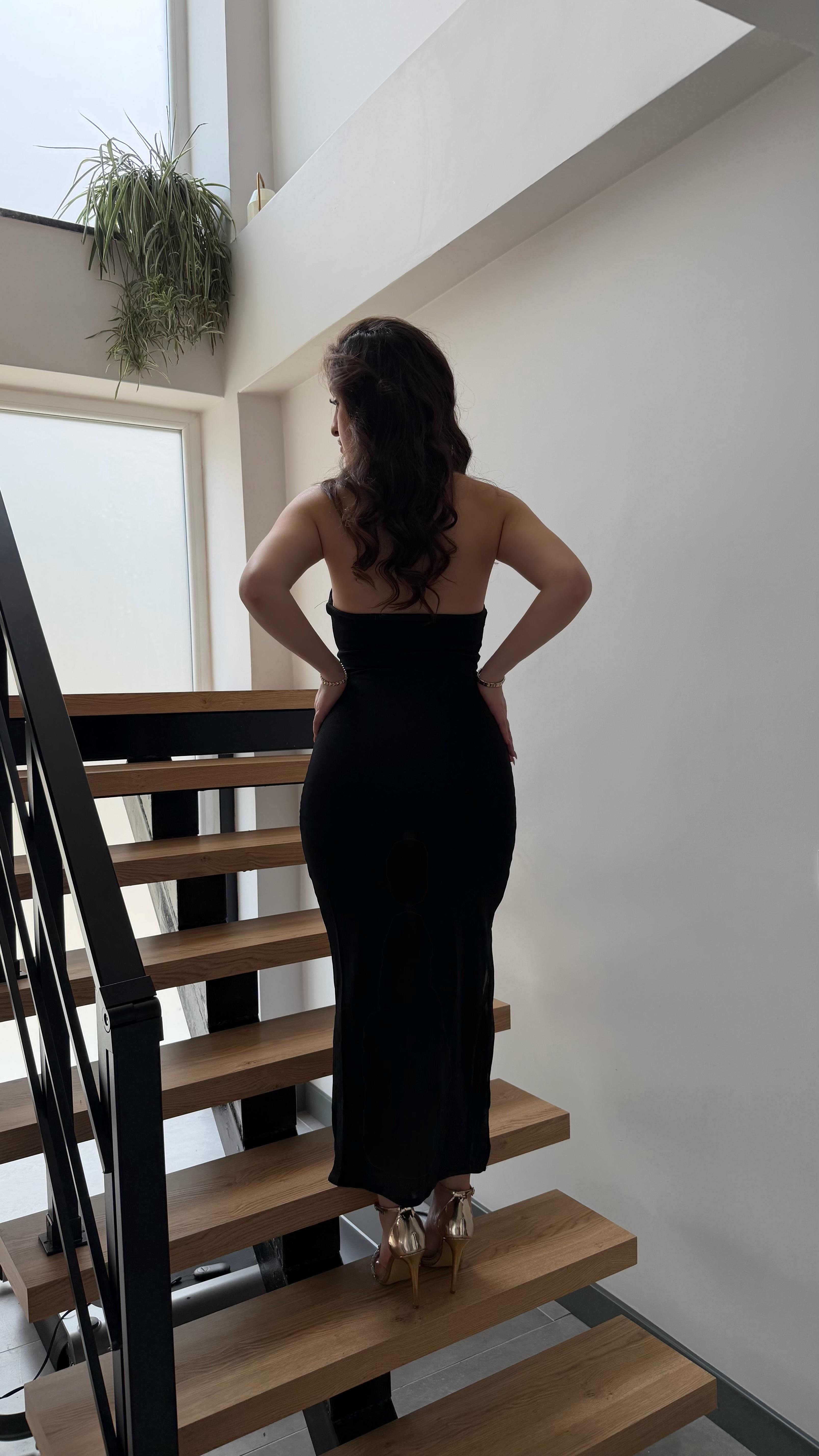 Demi Göğüs Degaje Simli Elbise Siyah