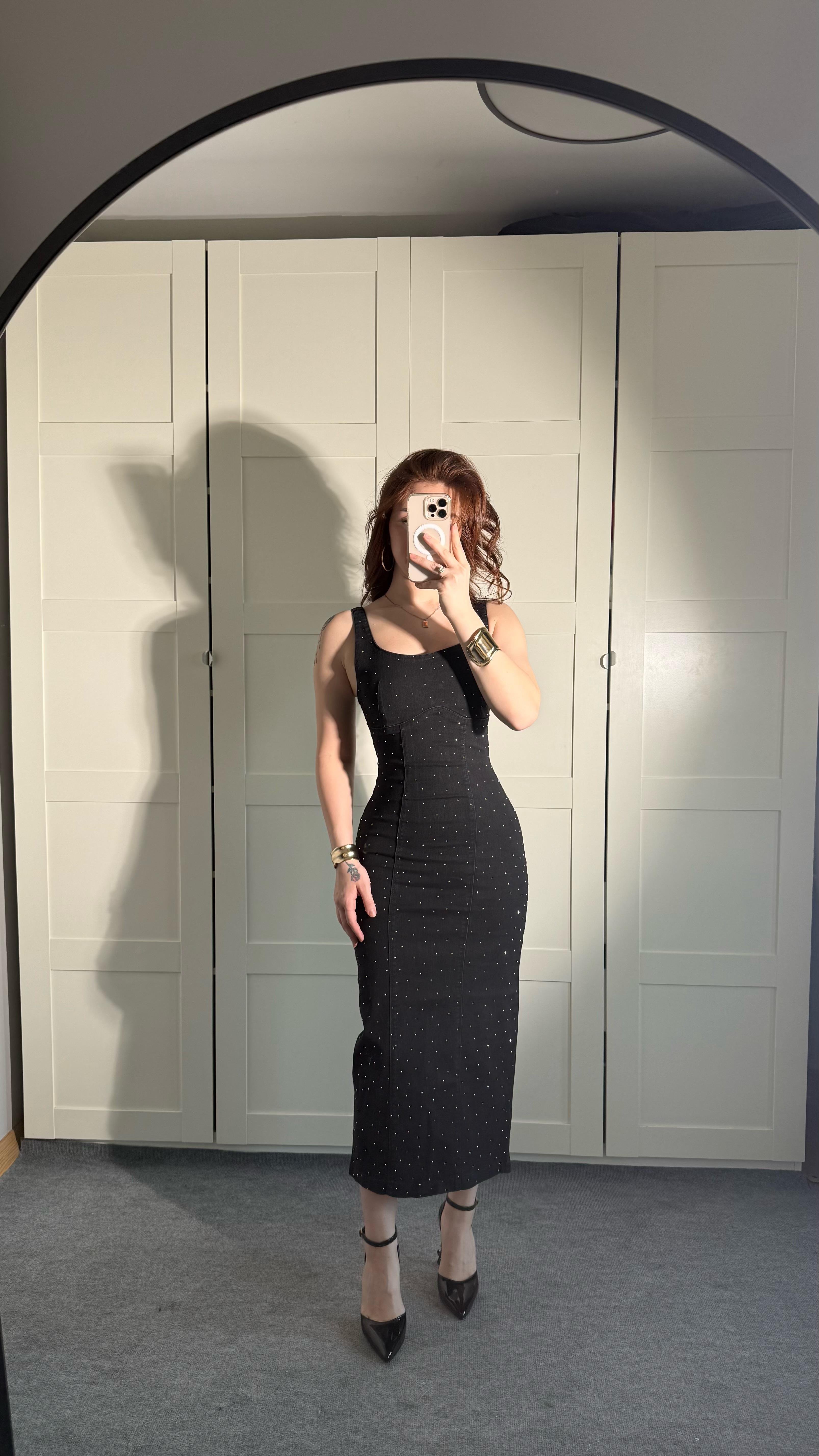 Denim Taşlı Elbise Füme 